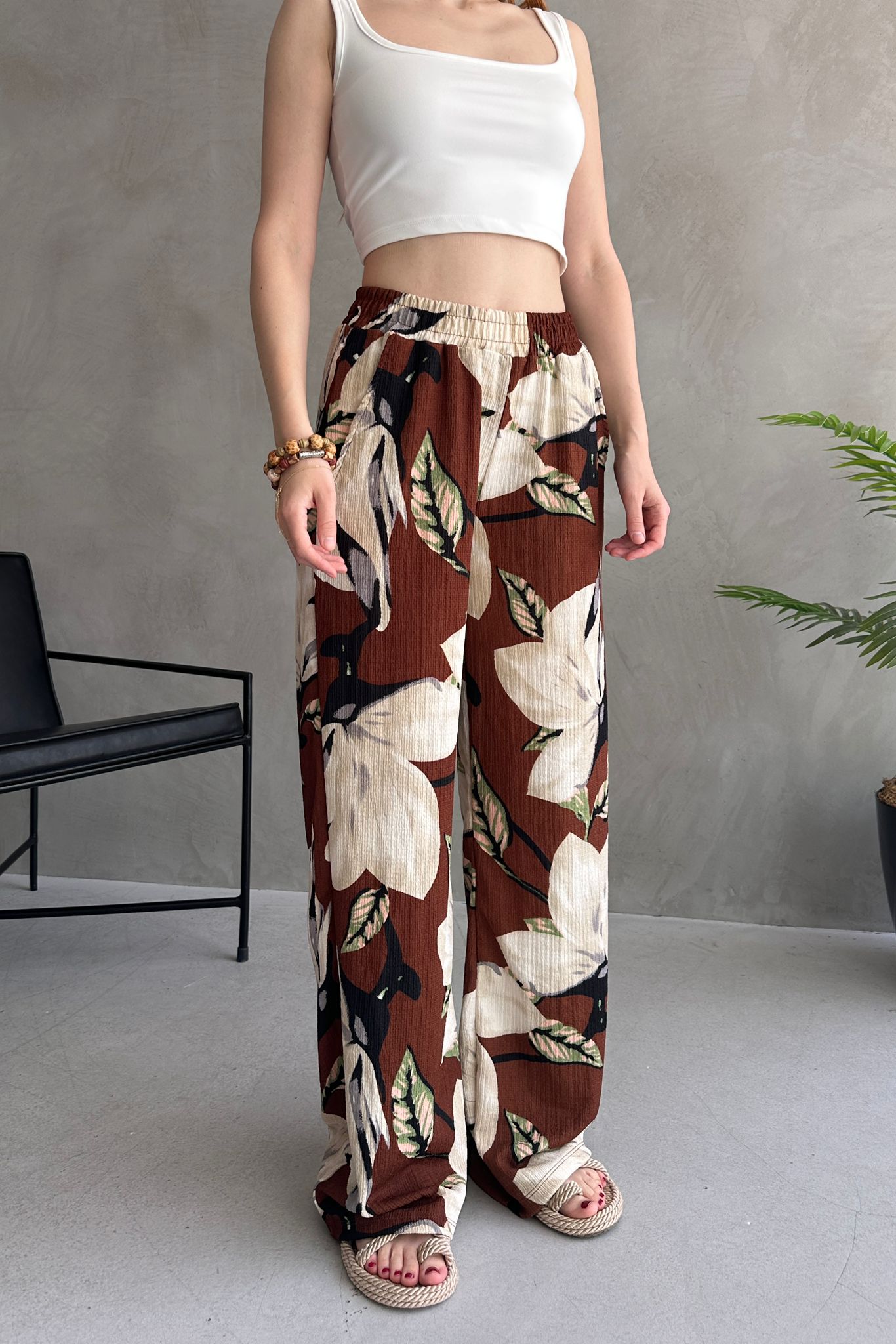 Çiçek Desenli Bol Pantolon - 27237 - 2