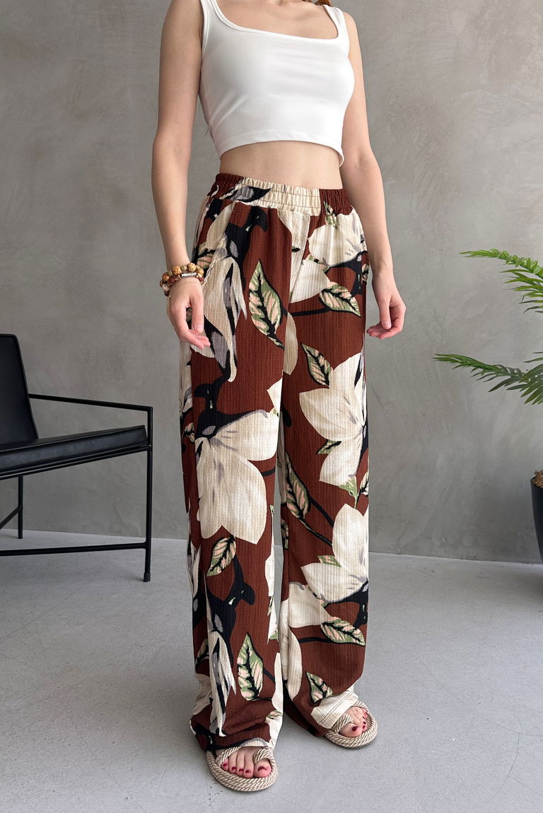 Çiçek Desenli Bol Pantolon - 27237 - TOFİSA