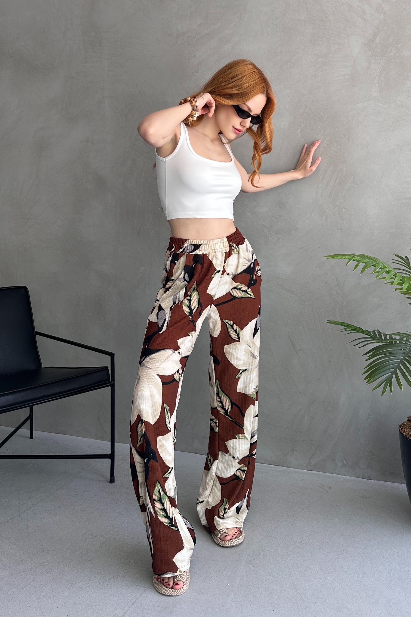 Çiçek Desenli Bol Pantolon - 27237 - 4