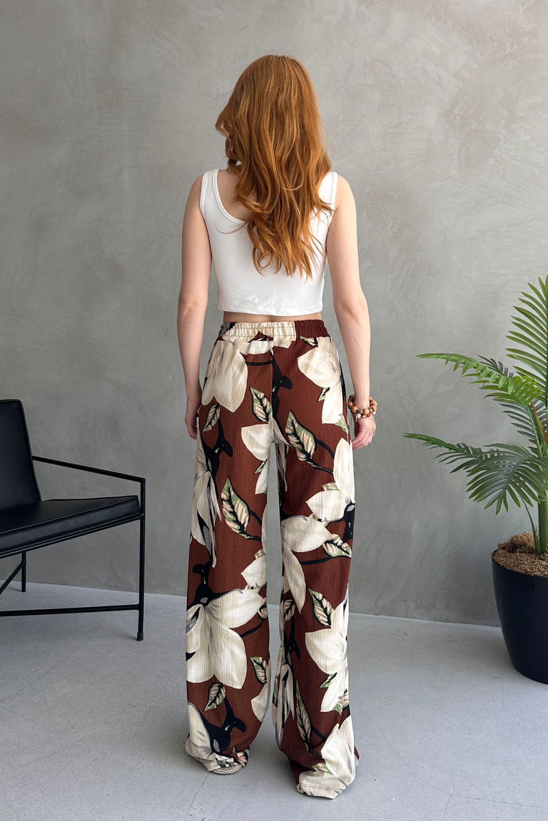 Çiçek Desenli Bol Pantolon - 27237 - TOFİSA