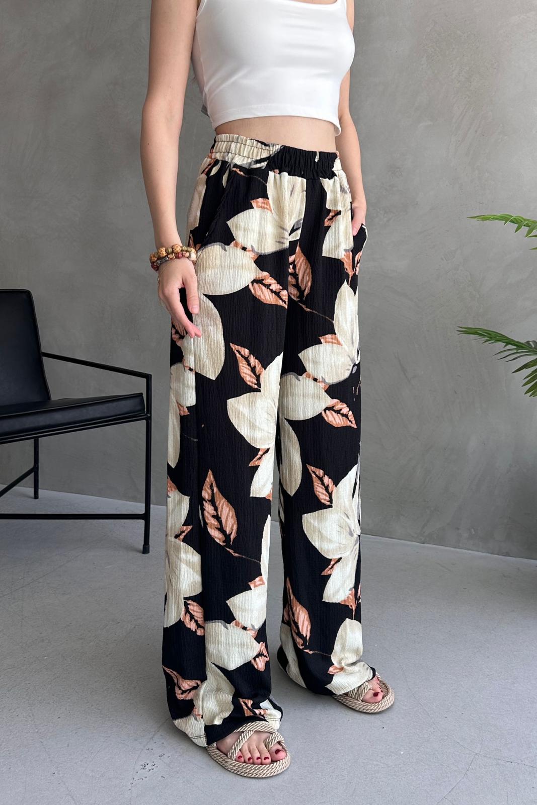 Çiçek Desenli Bol Pantolon Siyah - 27237 - 3