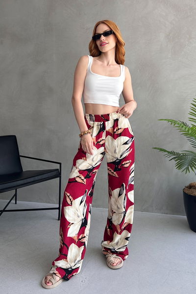 Çiçek Desenli Bol Pantolon Bordo - 27237 