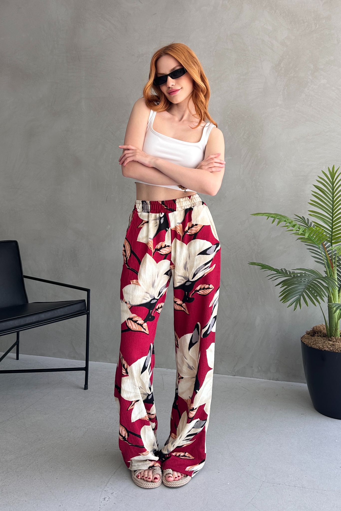 Çiçek Desenli Bol Pantolon Bordo - 27237 - 2