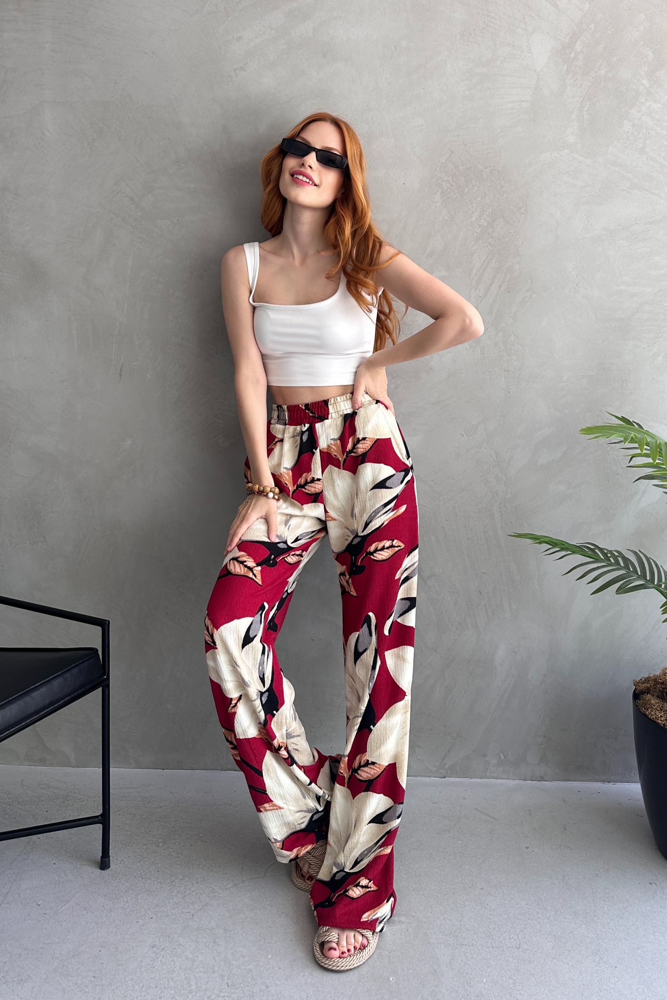 Çiçek Desenli Bol Pantolon Bordo - 27237 - 3