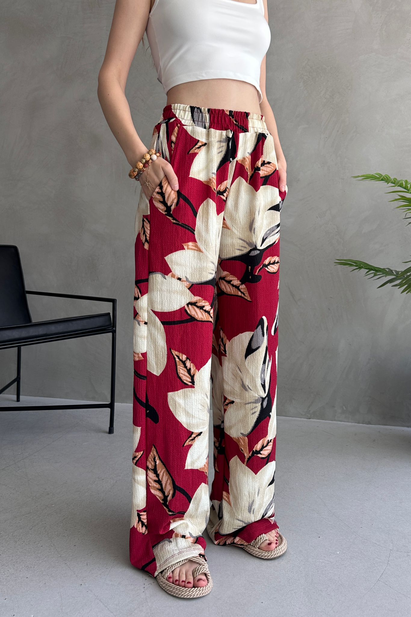 Çiçek Desenli Bol Pantolon Bordo - 27237 - 4