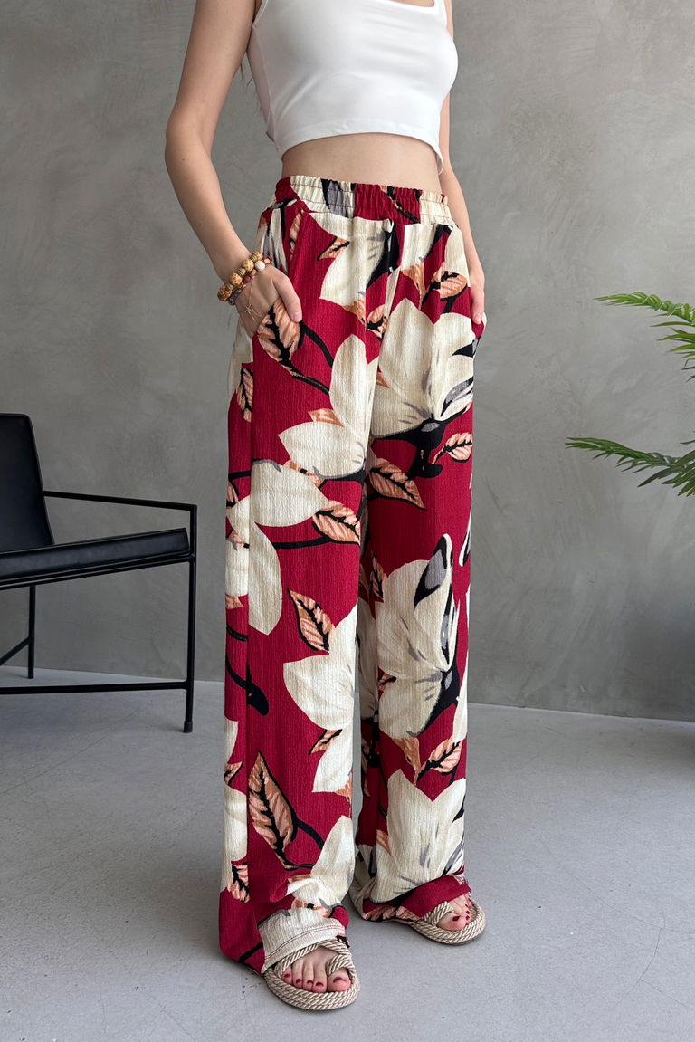 Çiçek Desenli Bol Pantolon Bordo - 27237 - TOFİSA