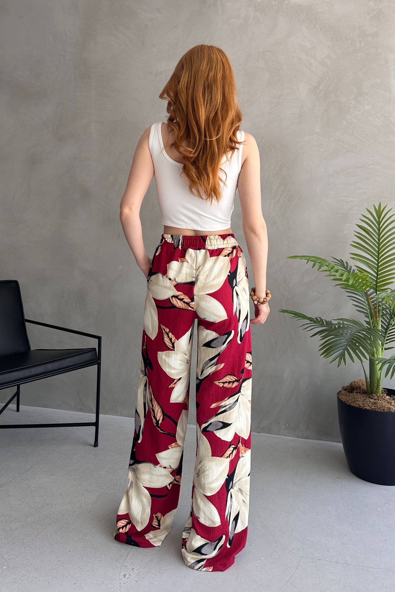 Çiçek Desenli Bol Pantolon Bordo - 27237 - 5