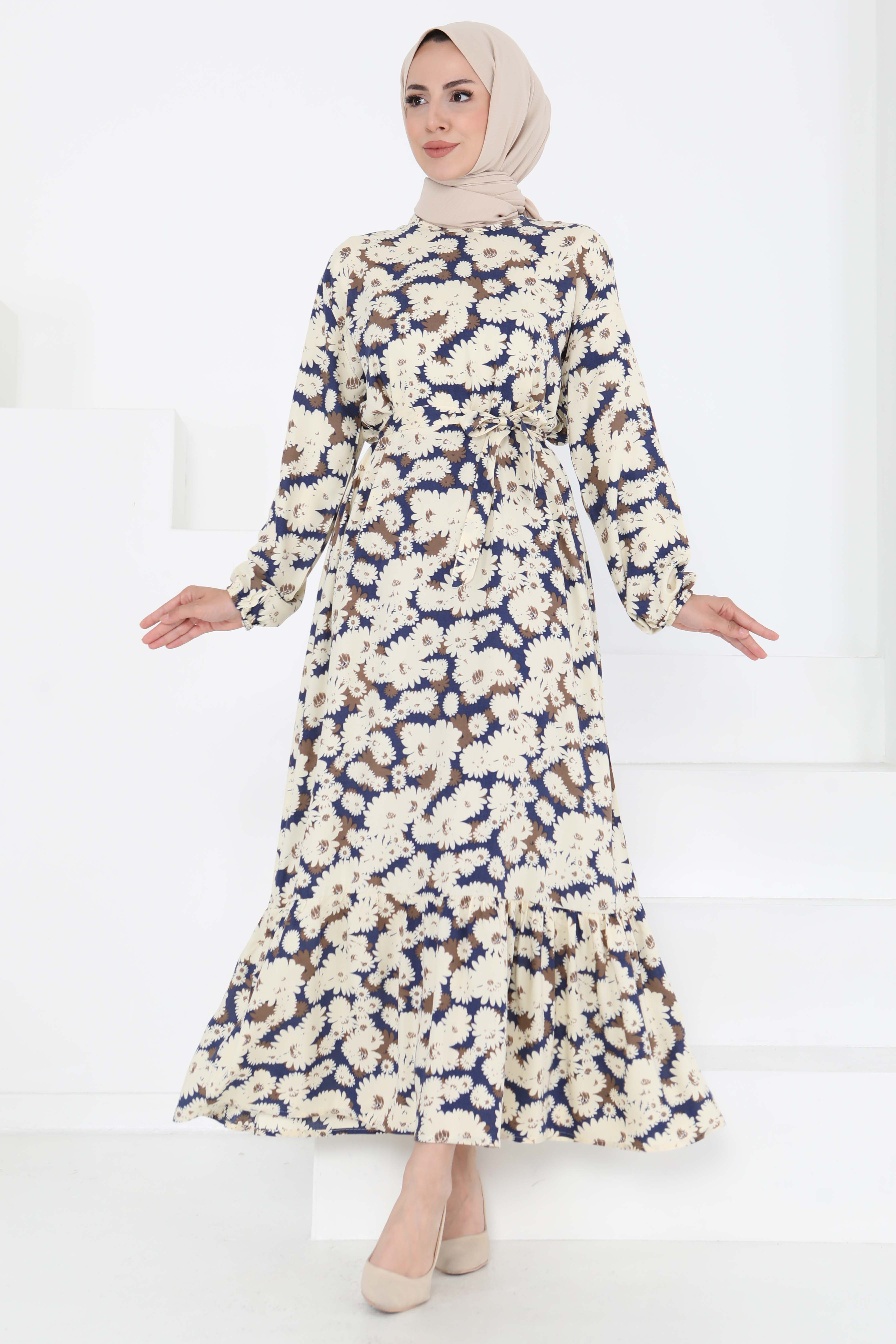 Çiçek Desenli Elbise Lacivert - 27190 - 1