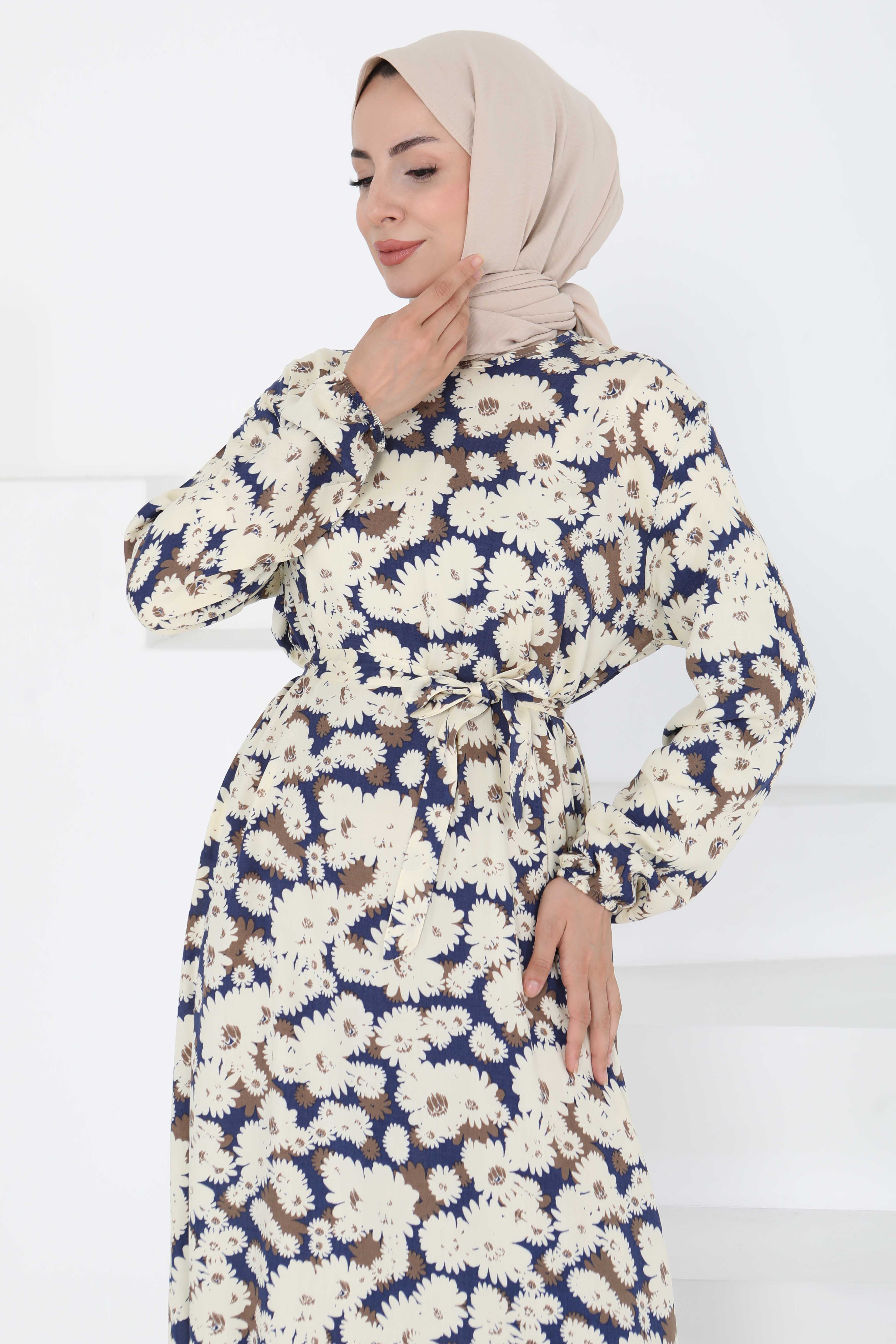 Çiçek Desenli Elbise Lacivert - 27190 - 2