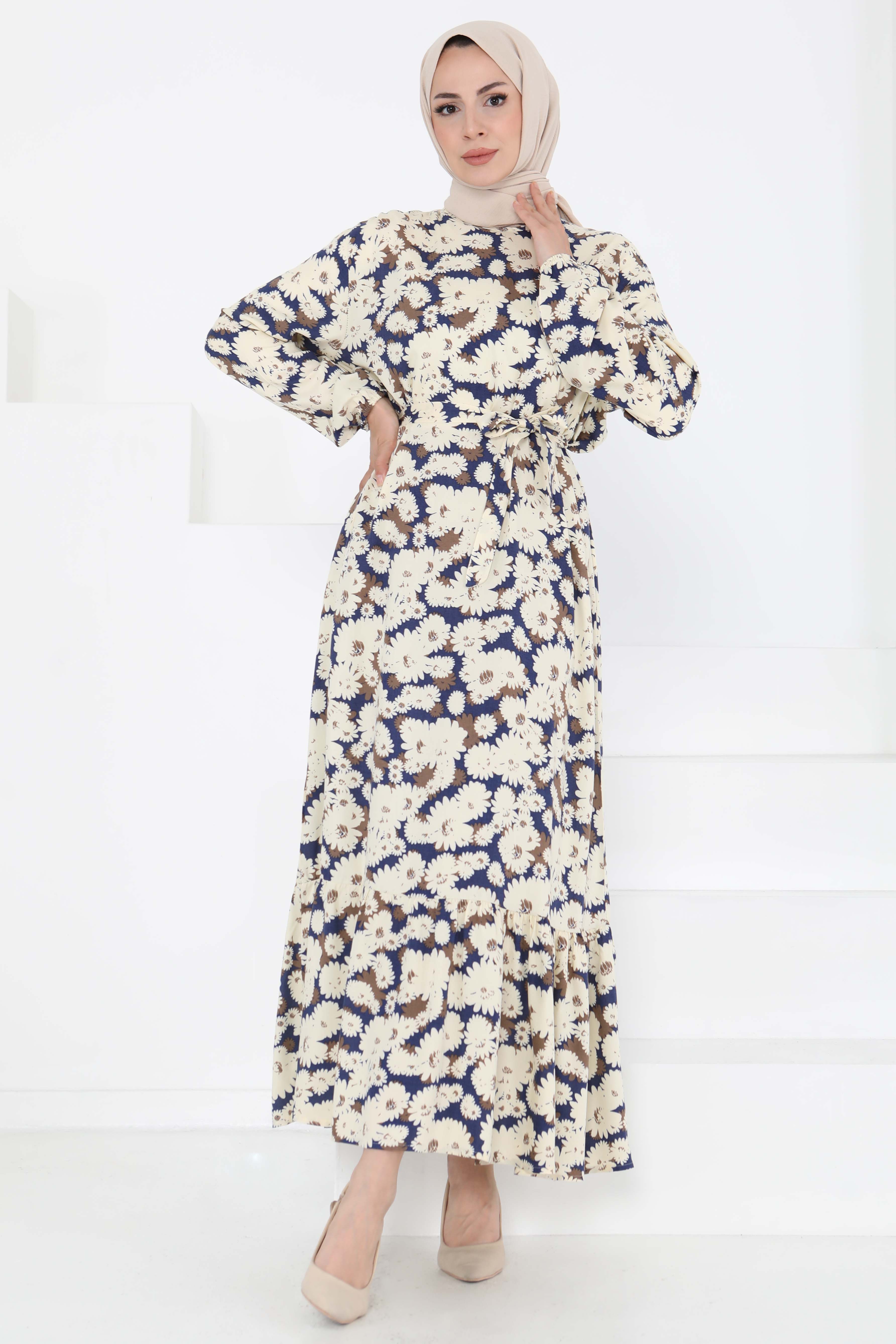 Çiçek Desenli Elbise Lacivert - 27190 - 3