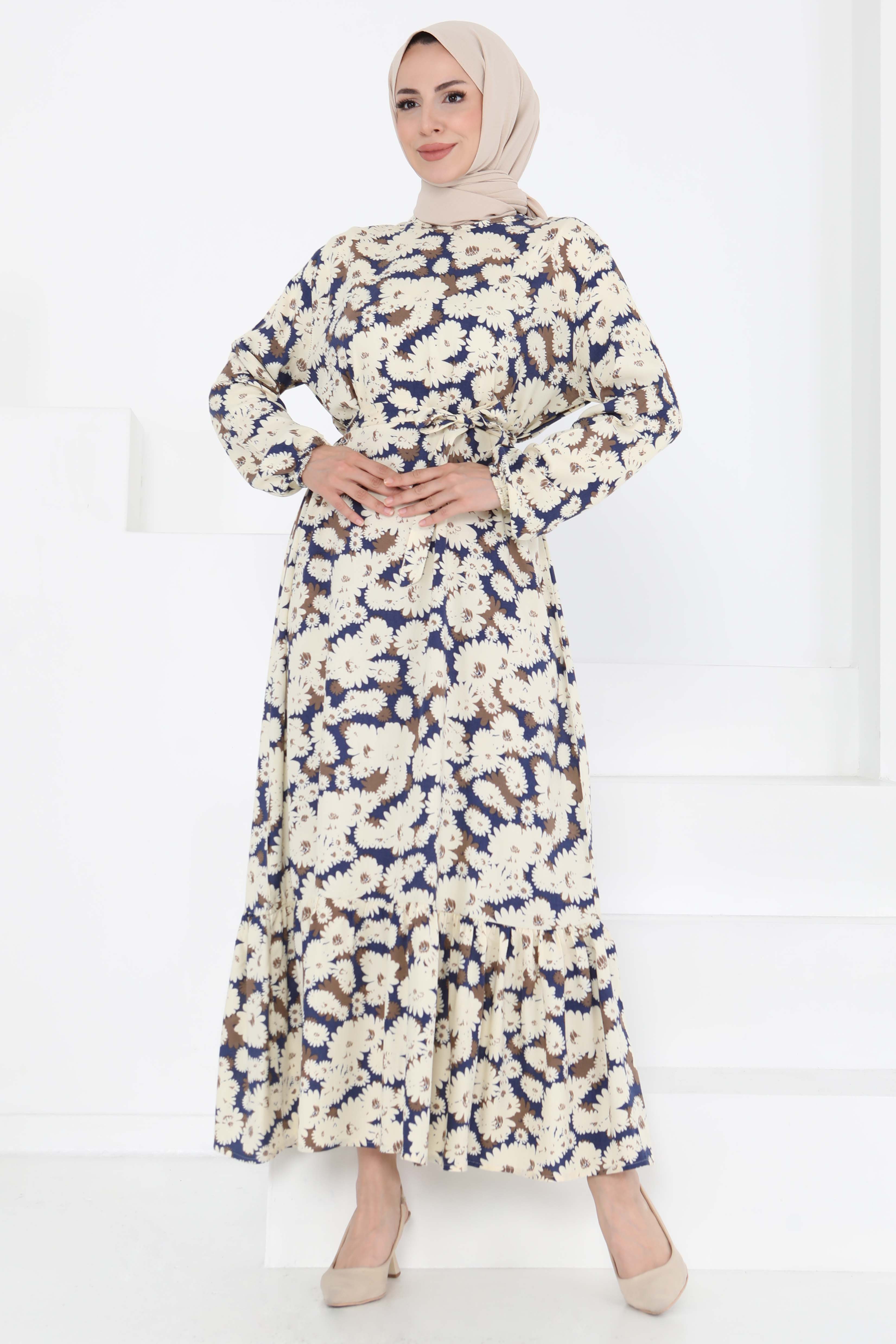 Çiçek Desenli Elbise Lacivert - 27190 - 4