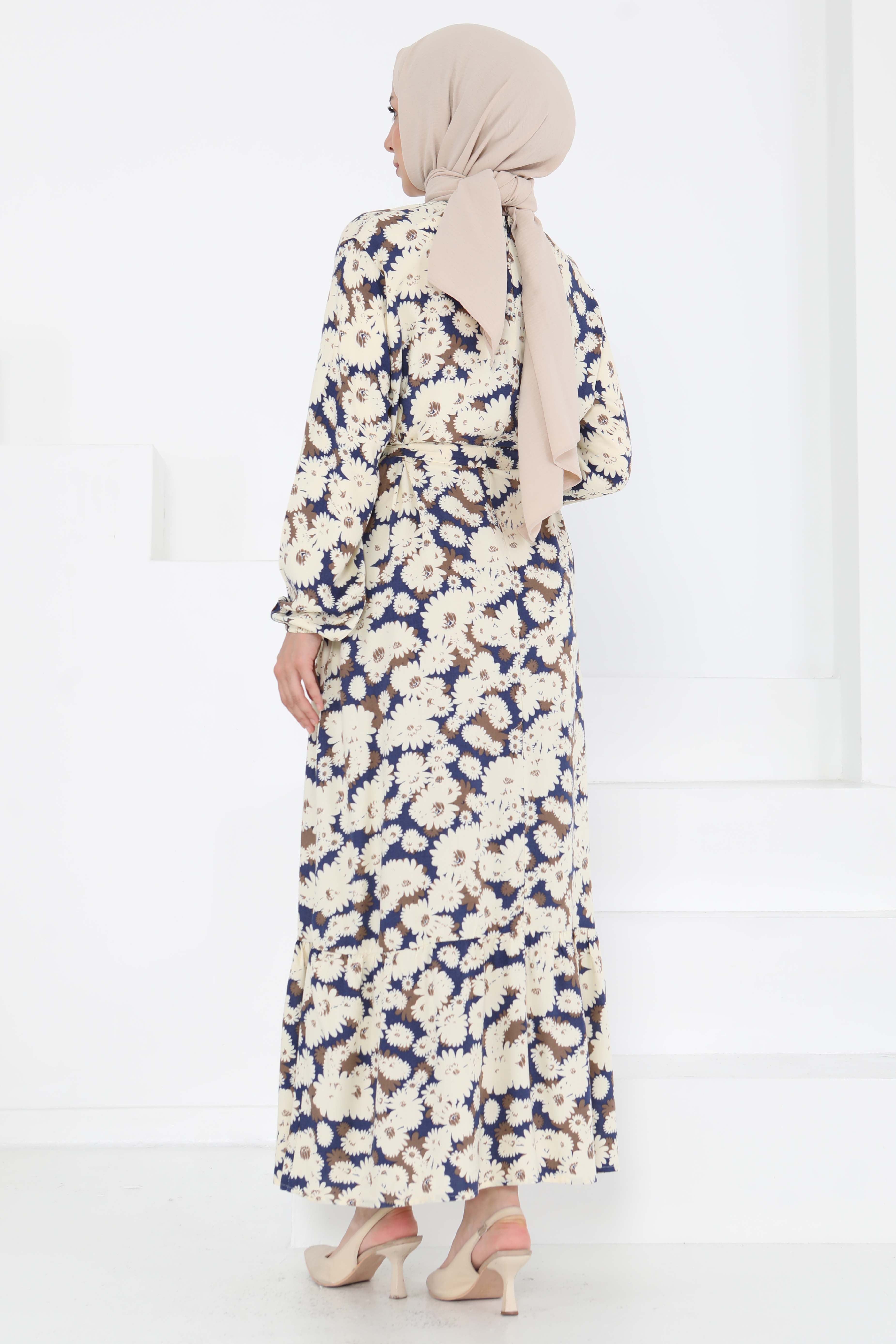 Çiçek Desenli Elbise Lacivert - 27190 - 6