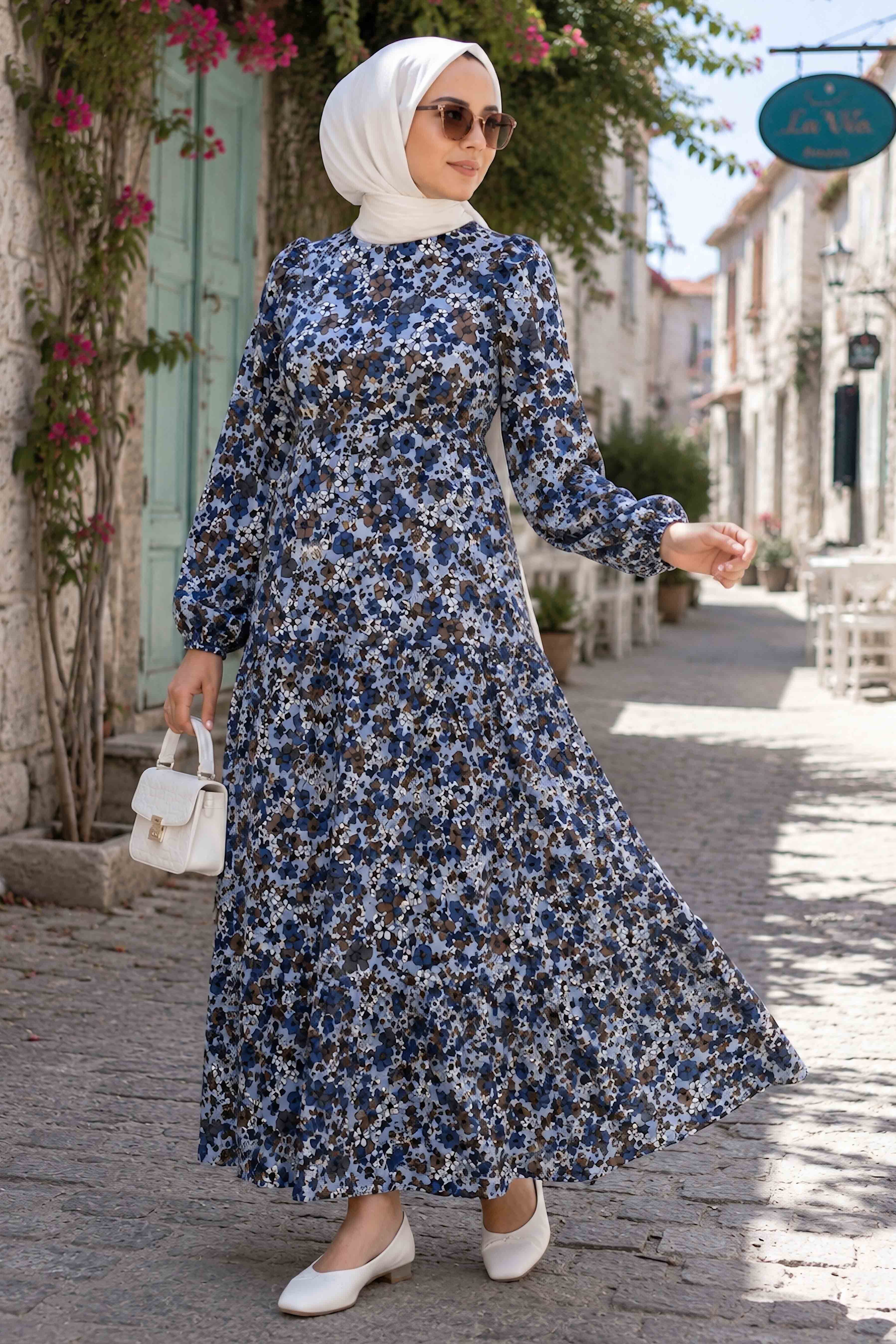 Çiçek Desenli Elbise Mavi - 28676-MAVI - 1