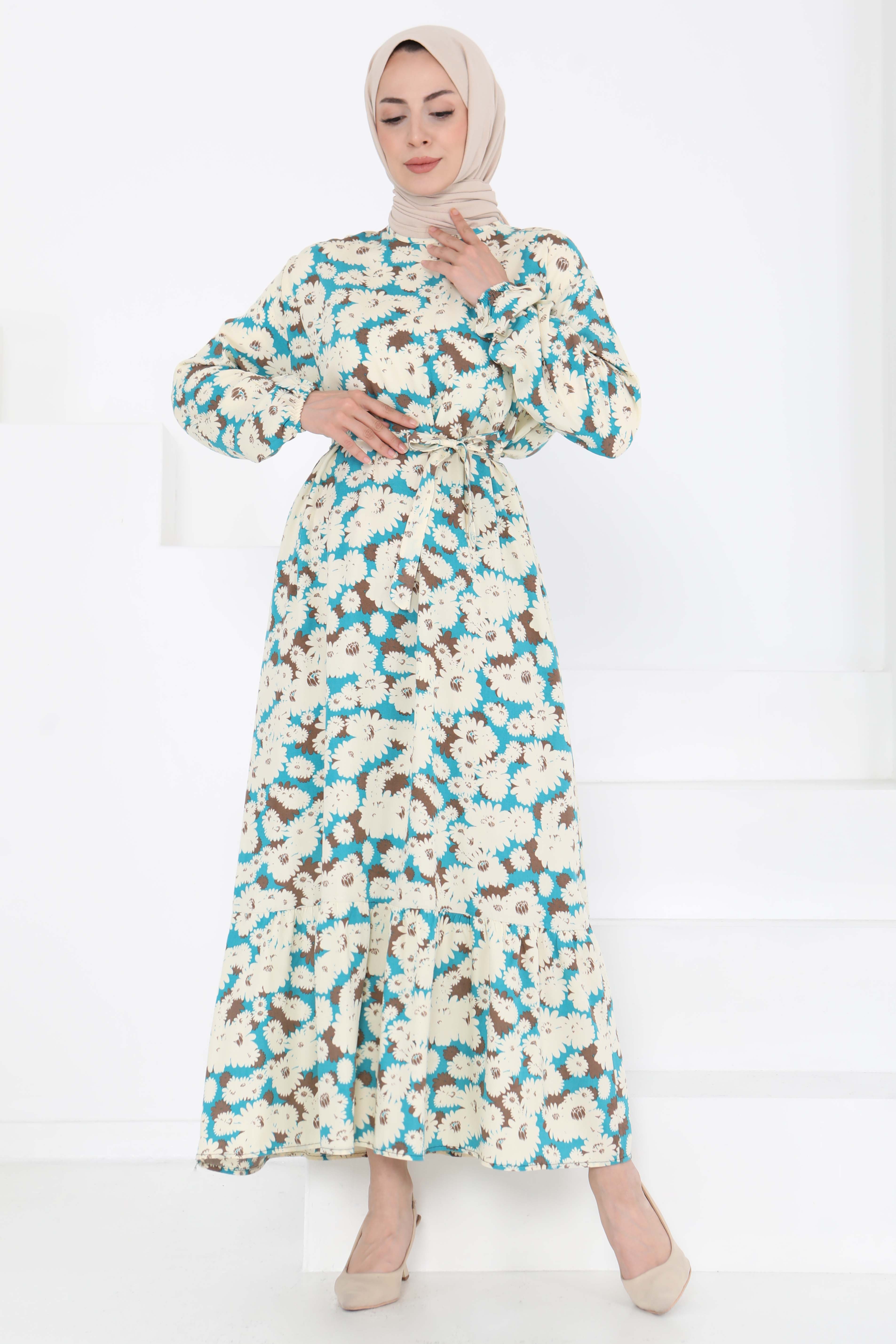 Çiçek Desenli Elbise Mint - 27190 - 1