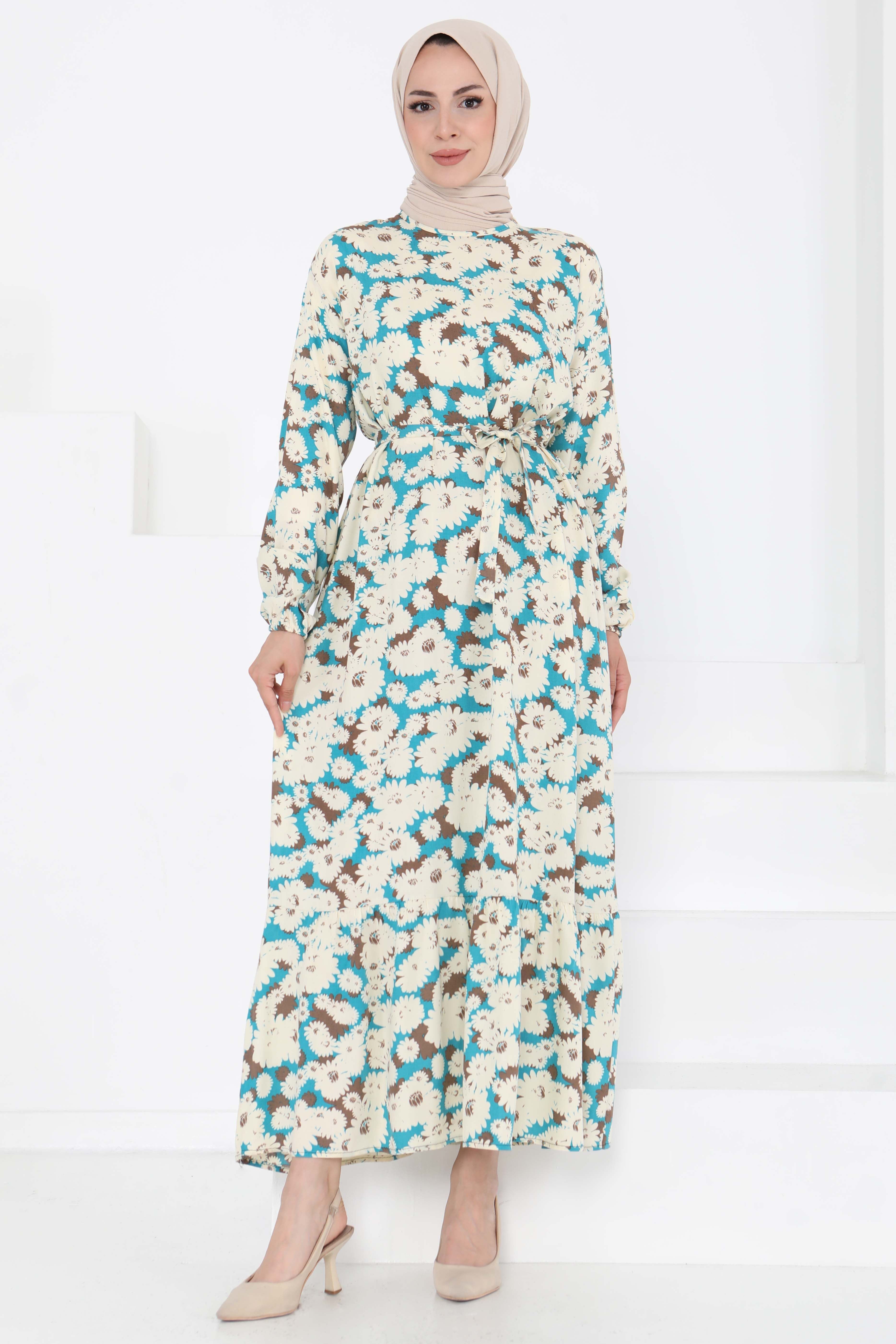 Çiçek Desenli Elbise Mint - 27190 - 3