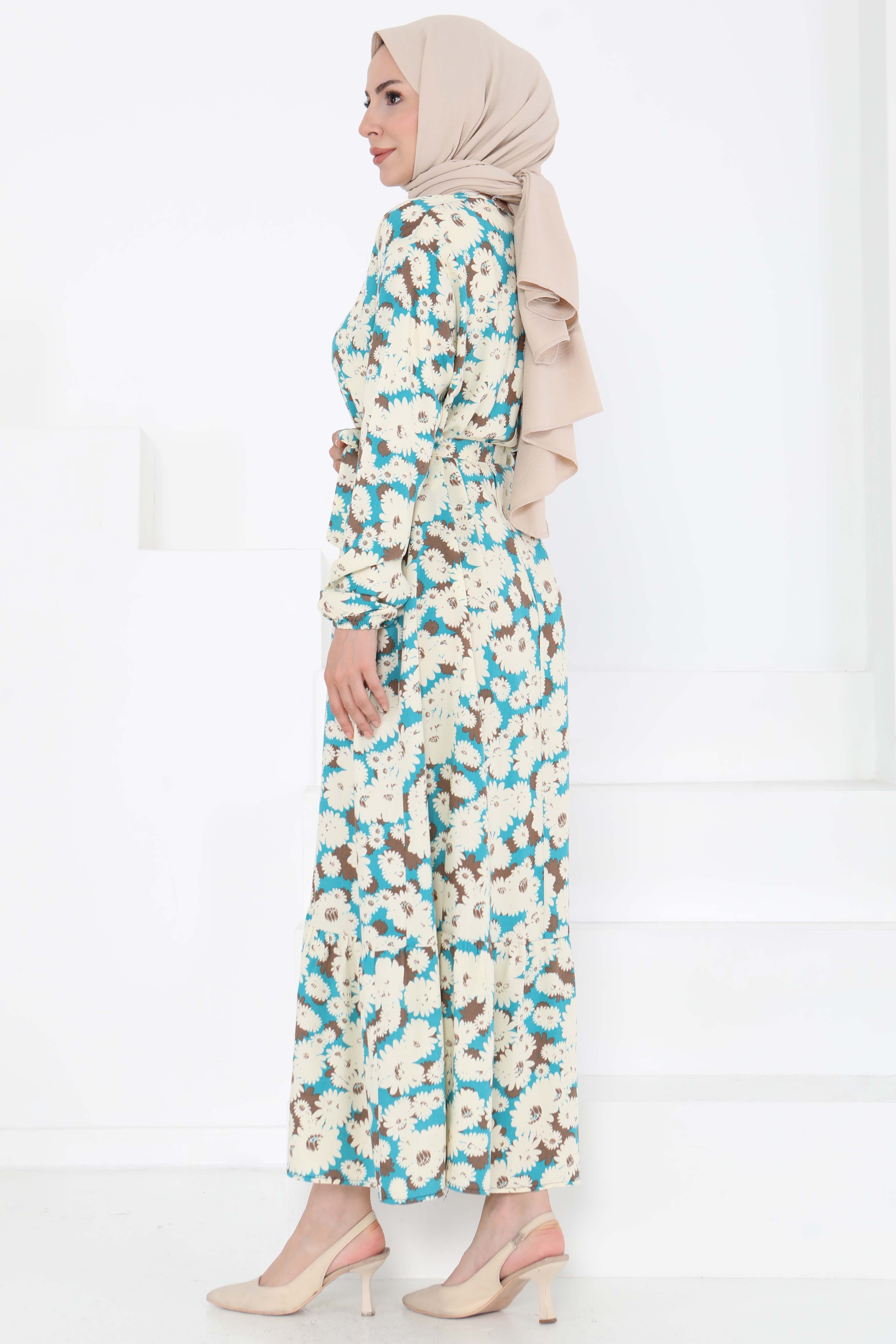 Çiçek Desenli Elbise Mint - 27190 - 5