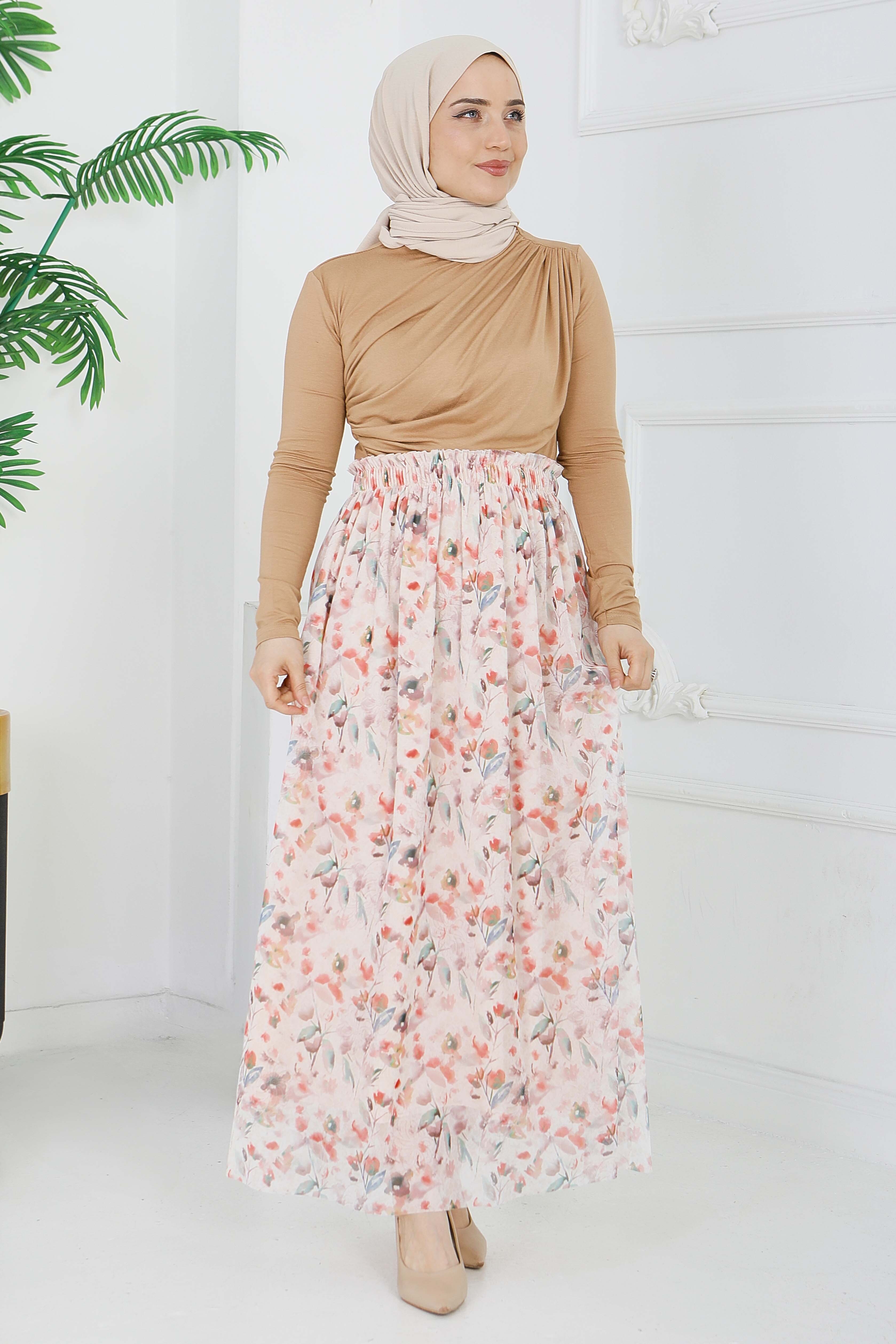 Çiçek Desenli Etek - 28403-BEJ - 1