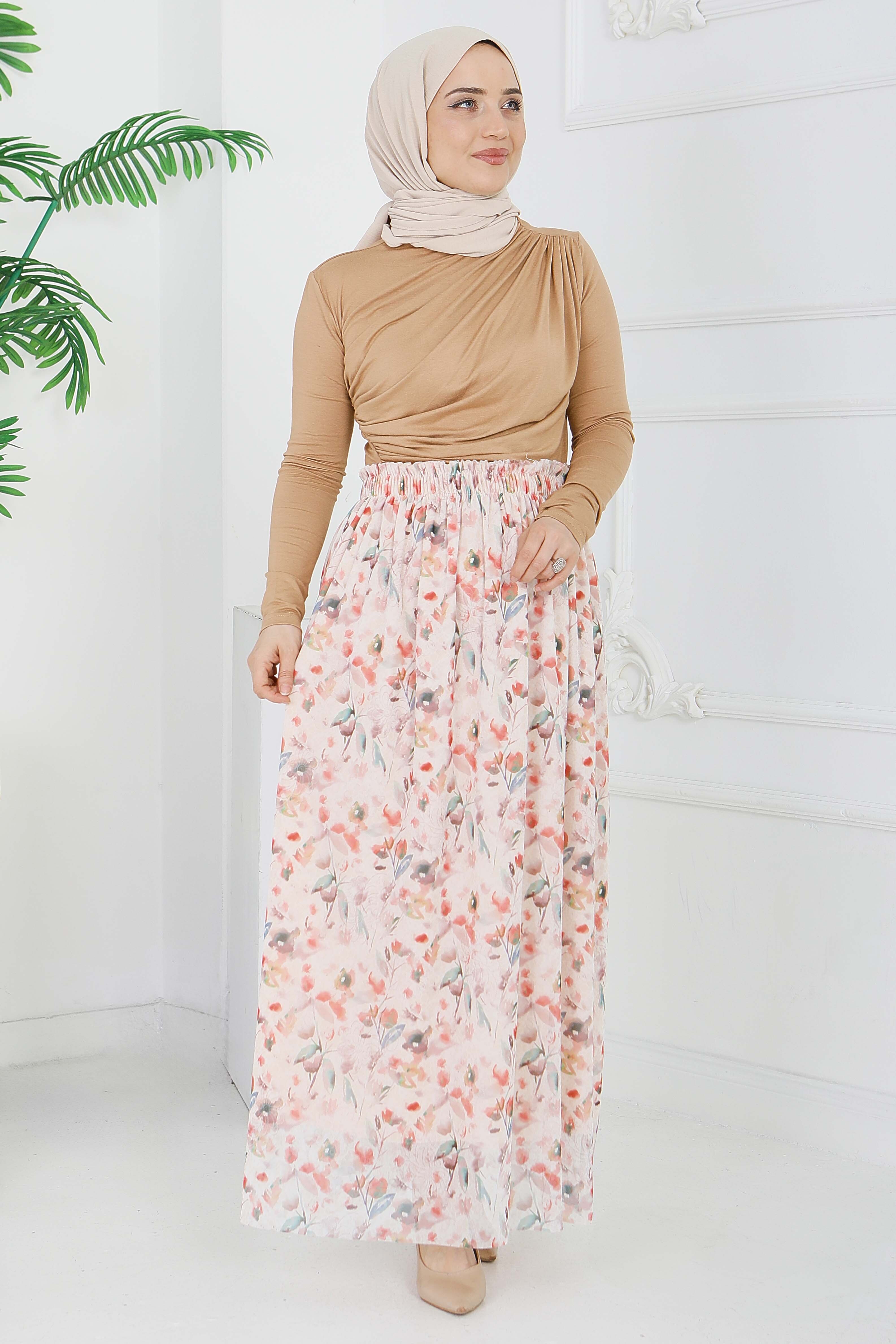 Çiçek Desenli Etek - 28403-BEJ - 3