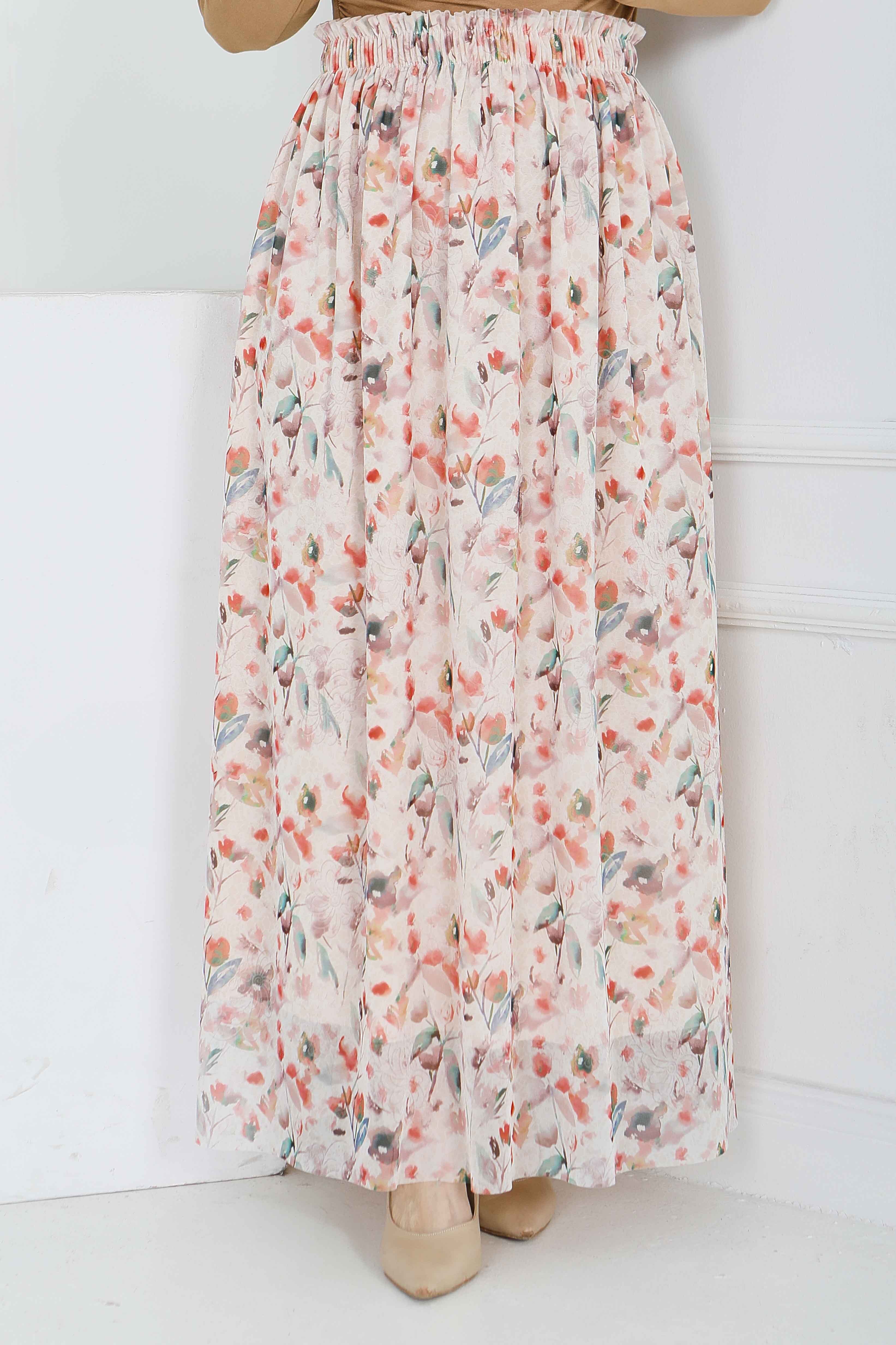 Çiçek Desenli Etek - 28403-BEJ - 4