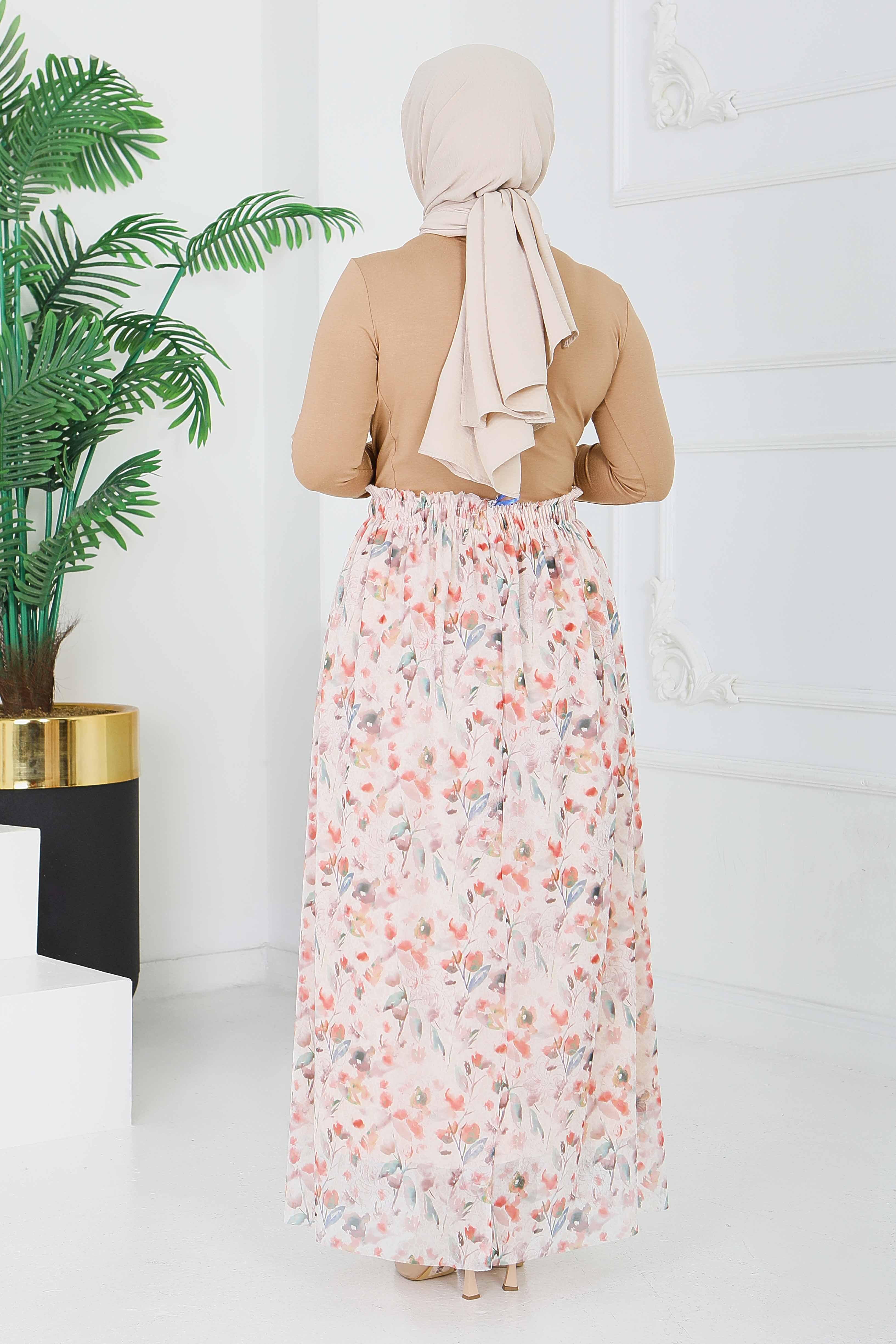 Çiçek Desenli Etek - 28403-BEJ - 5