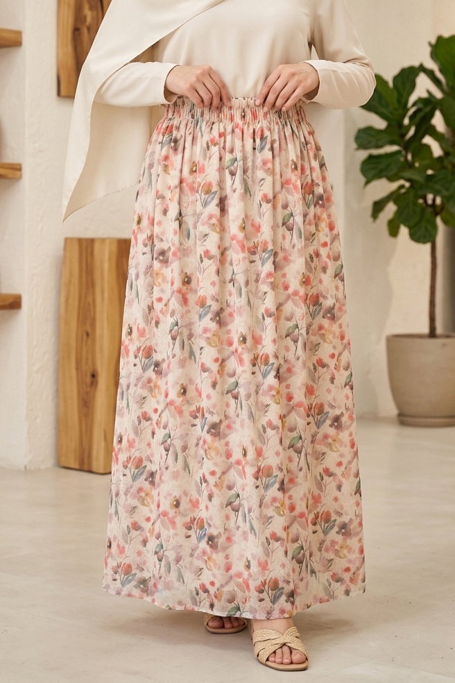 Çiçek Desenli Etek - 28403-BEJ - 1