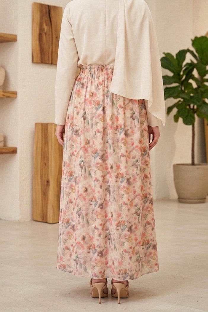 Çiçek Desenli Etek - 28403-BEJ - 3