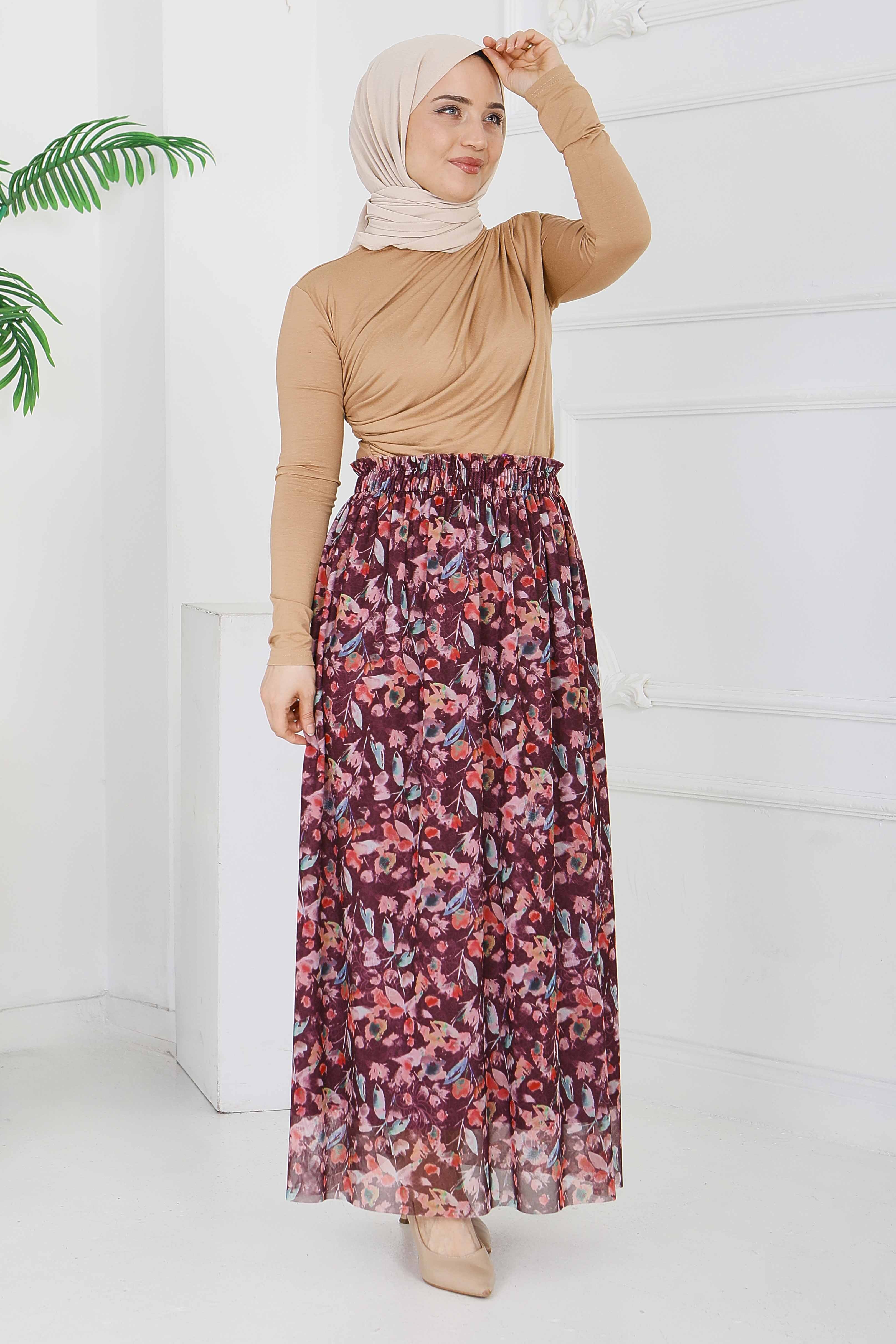 Çiçek Desenli Etek - 28403-BORDO - 1