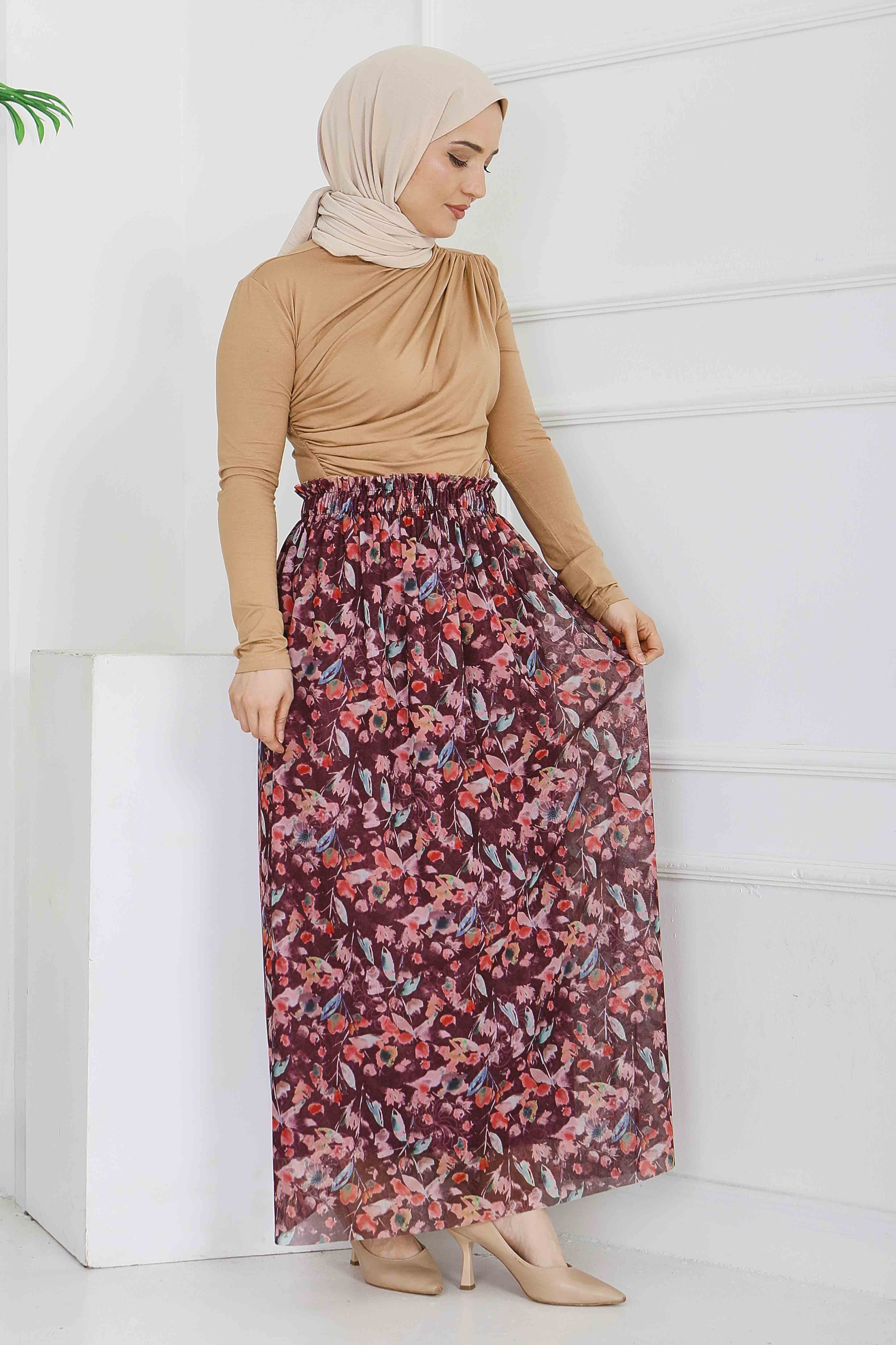 Çiçek Desenli Etek - 28403-BORDO - 2