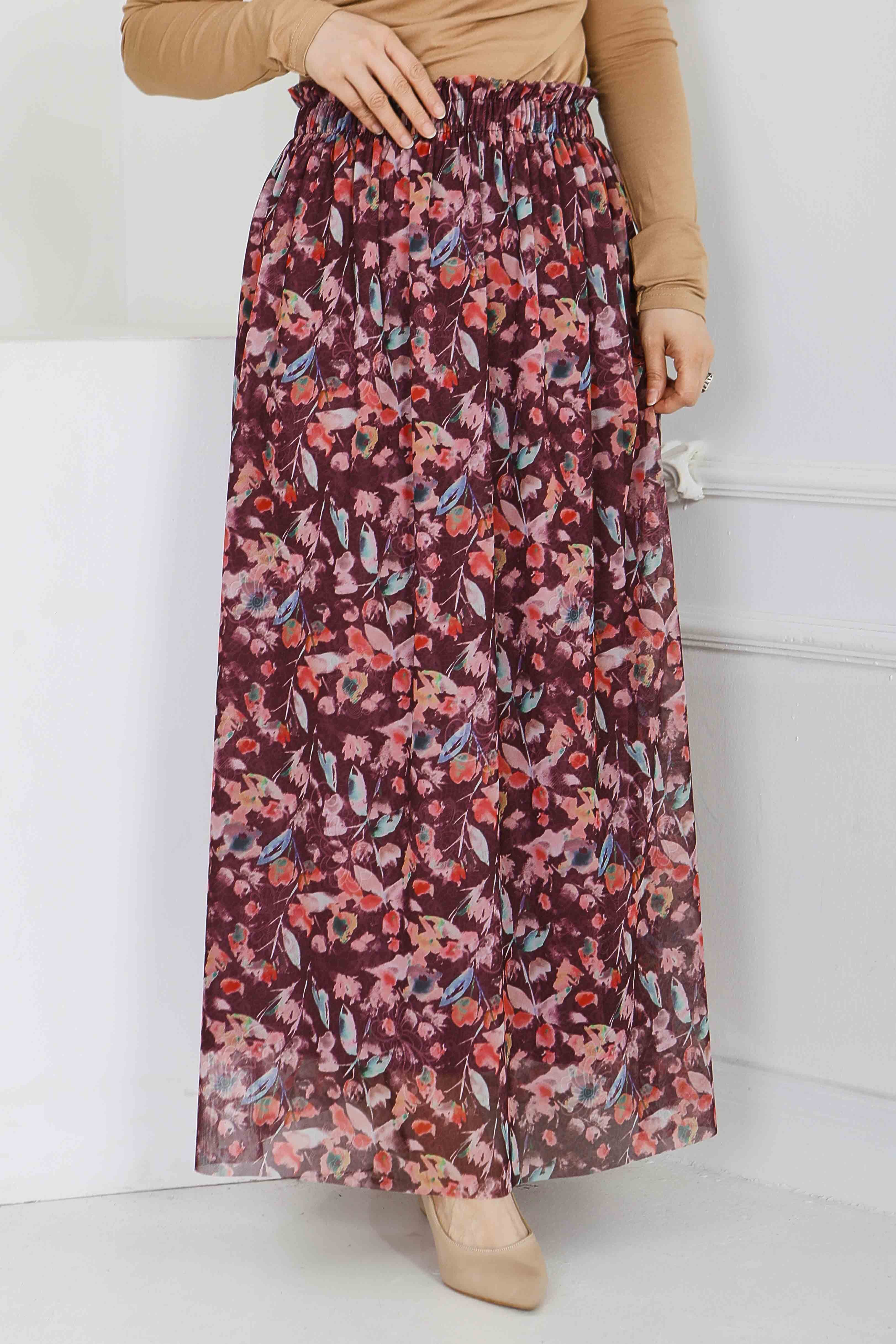 Çiçek Desenli Etek - 28403-BORDO - 3