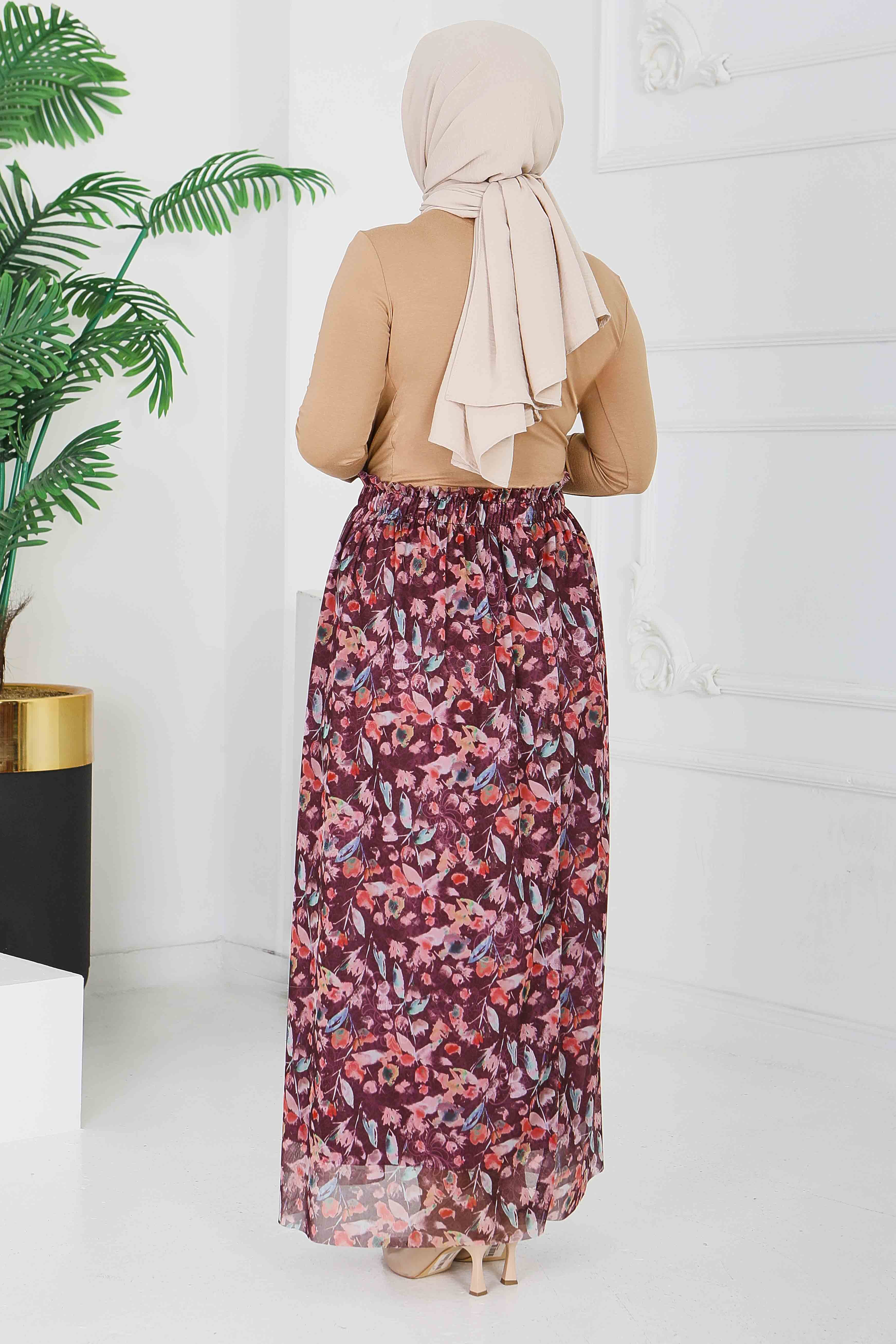 Çiçek Desenli Etek - 28403-BORDO - 4