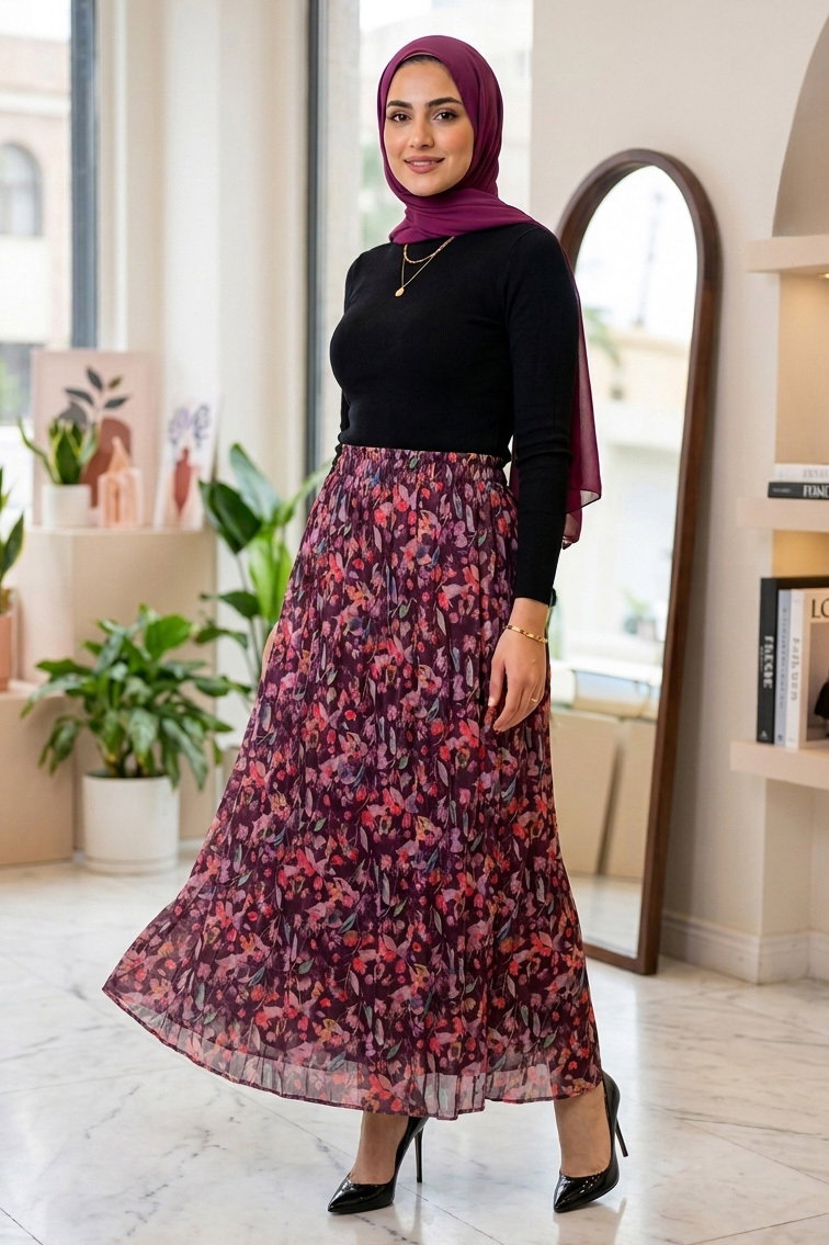 Çiçek Desenli Etek - 28403-BORDO - 1