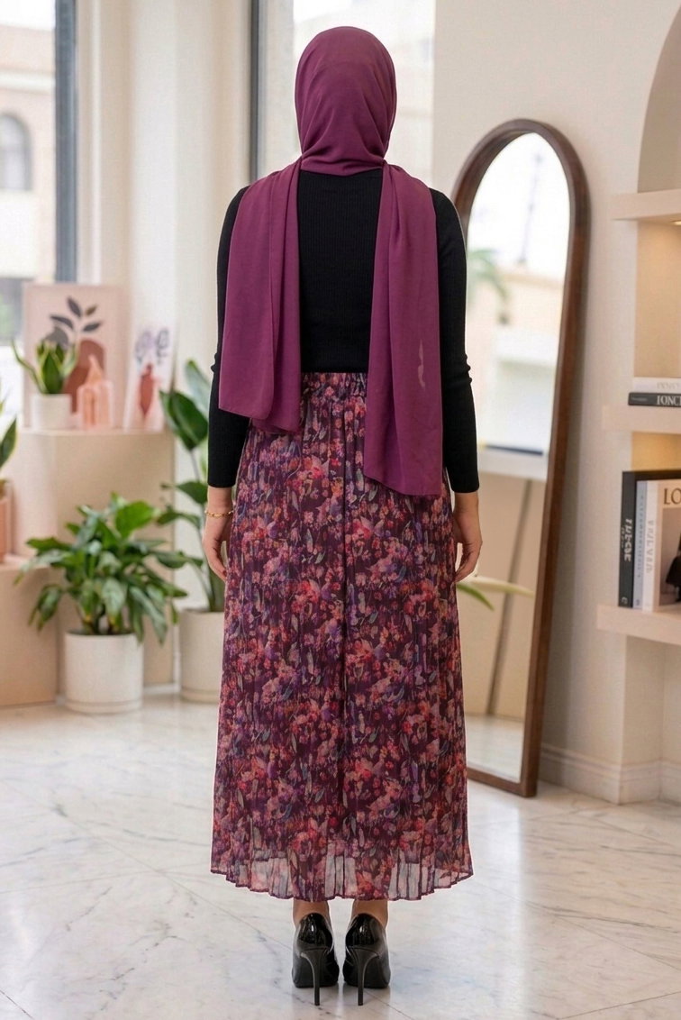 Çiçek Desenli Etek - 28403-BORDO - 3