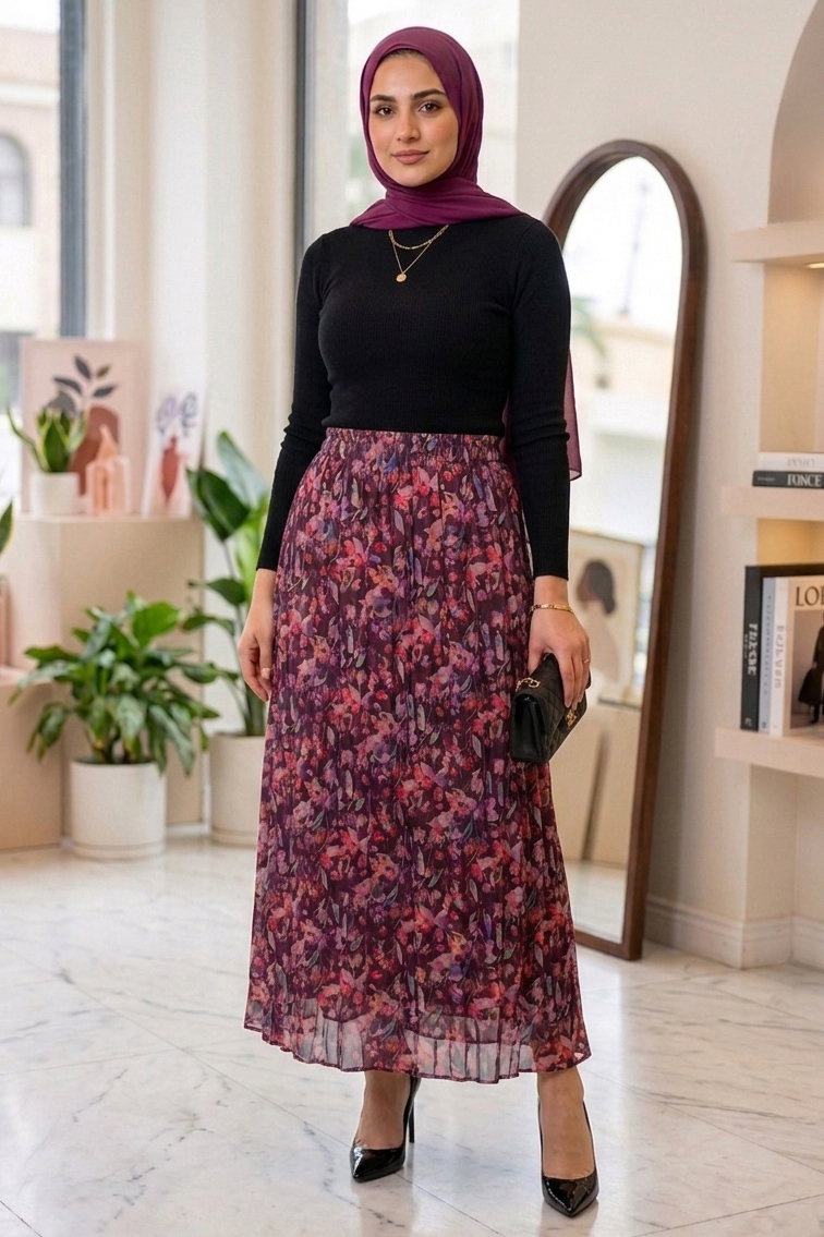 Çiçek Desenli Etek - 28403-BORDO - 2