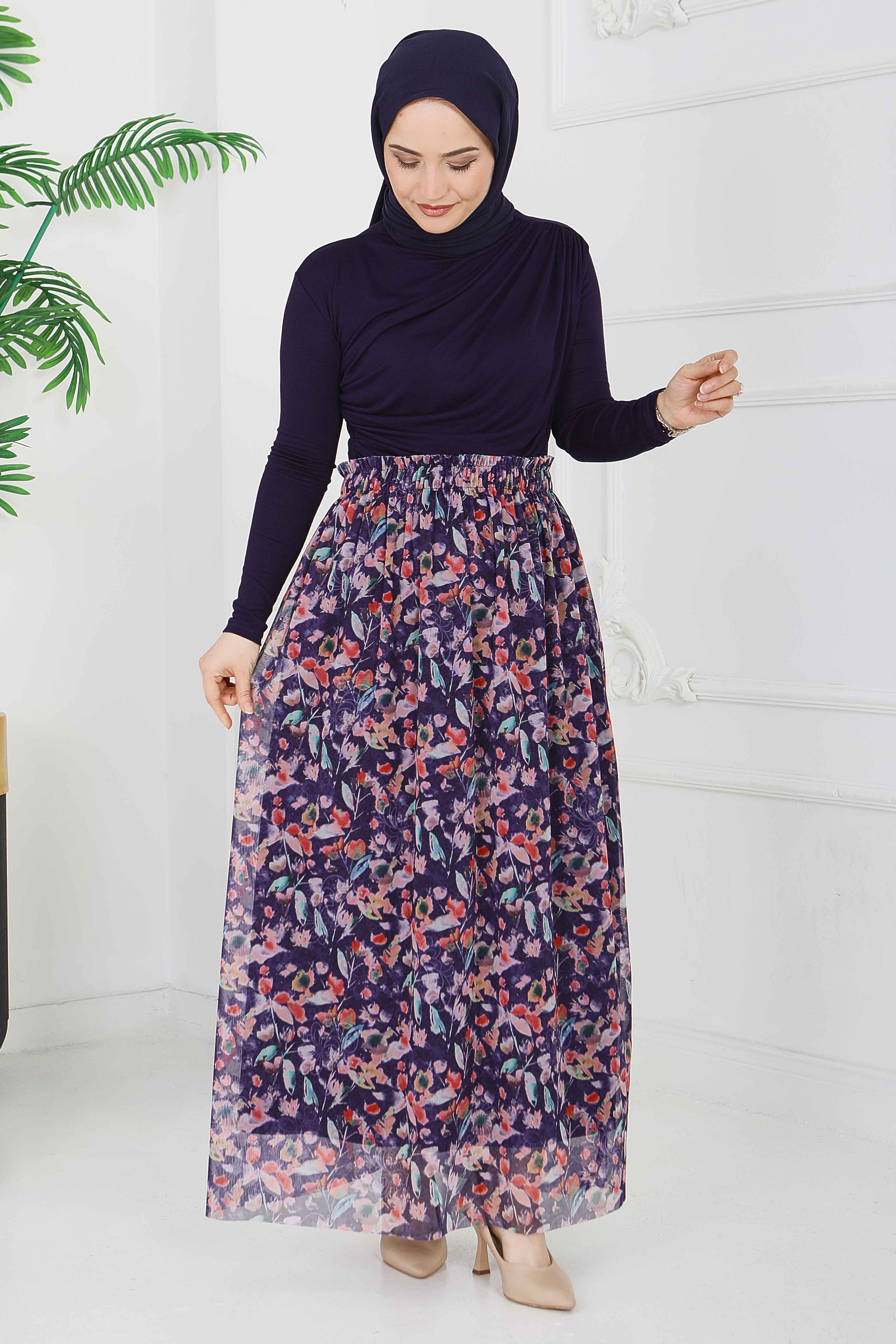 Çiçek Desenli Etek - 28403-LACIVERT - 1