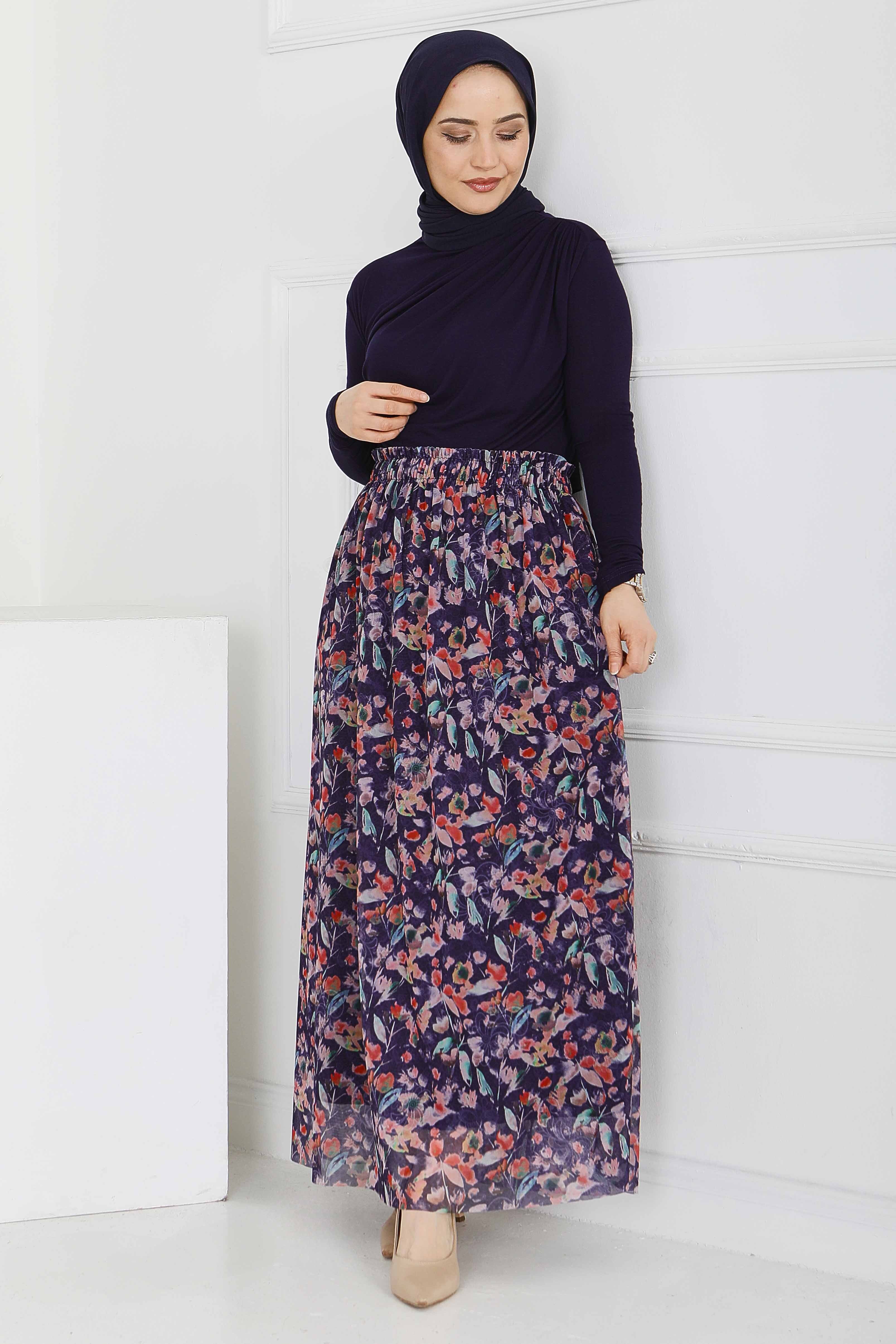 Çiçek Desenli Etek - 28403-LACIVERT - 2