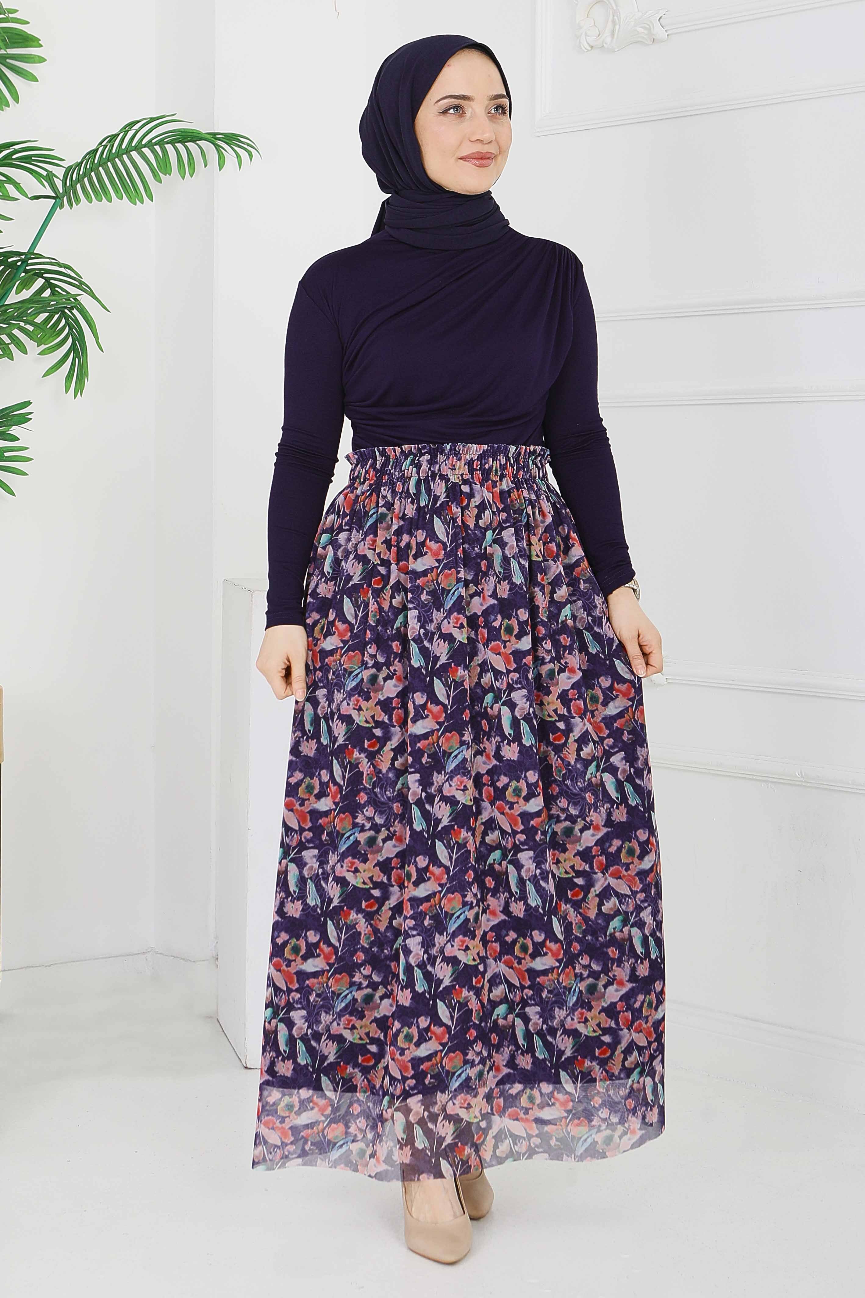 Çiçek Desenli Etek - 28403-LACIVERT - 3