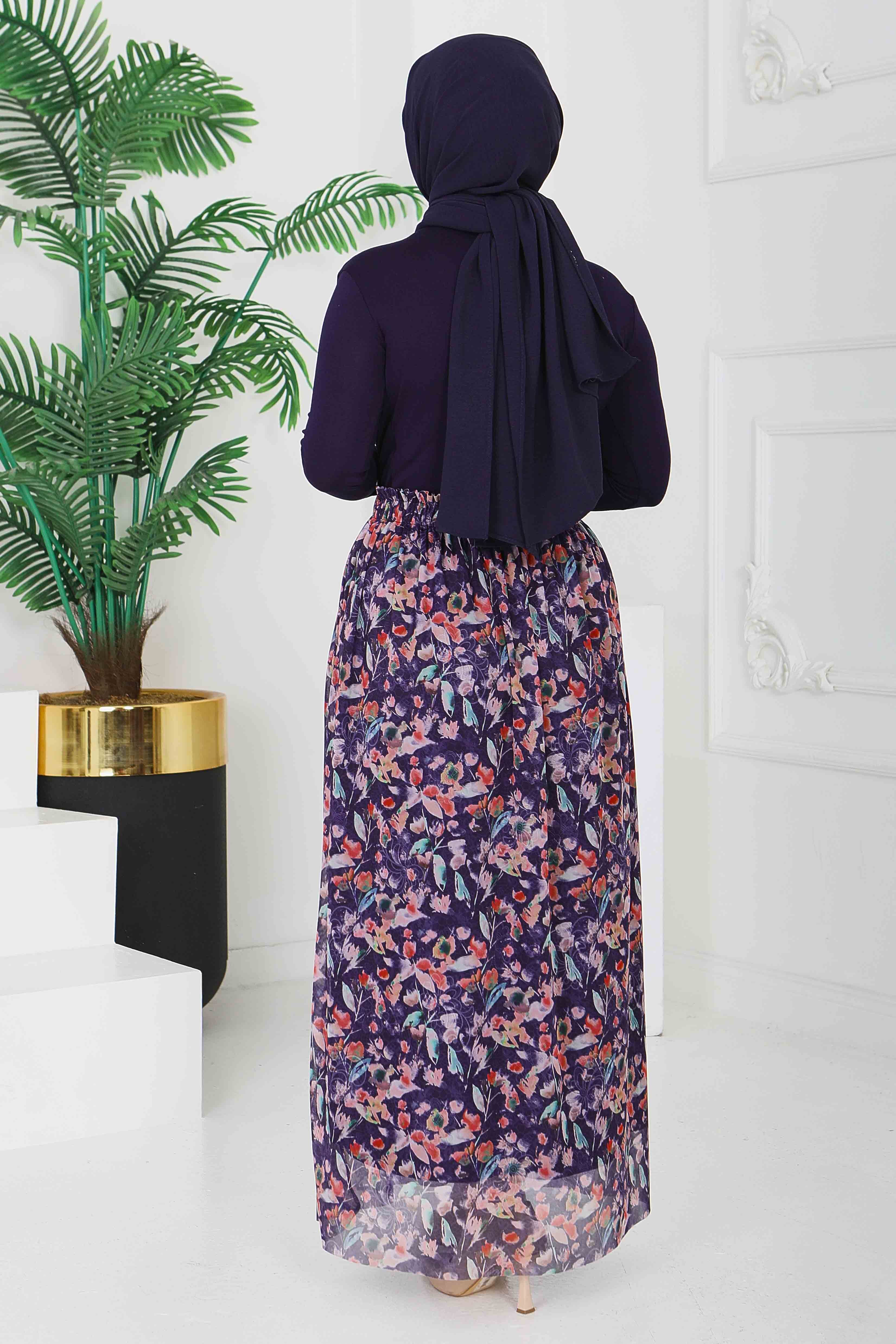 Çiçek Desenli Etek - 28403-LACIVERT - 5