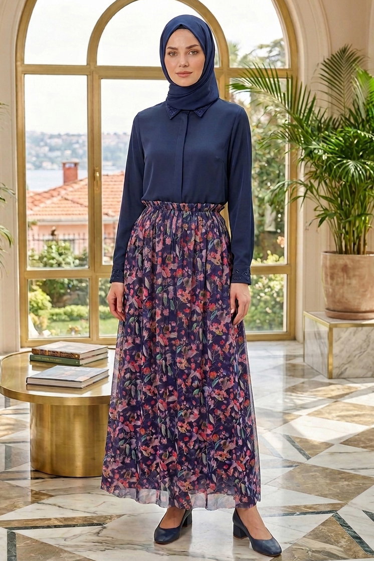 Çiçek Desenli Etek - 28403-LACIVERT - 1