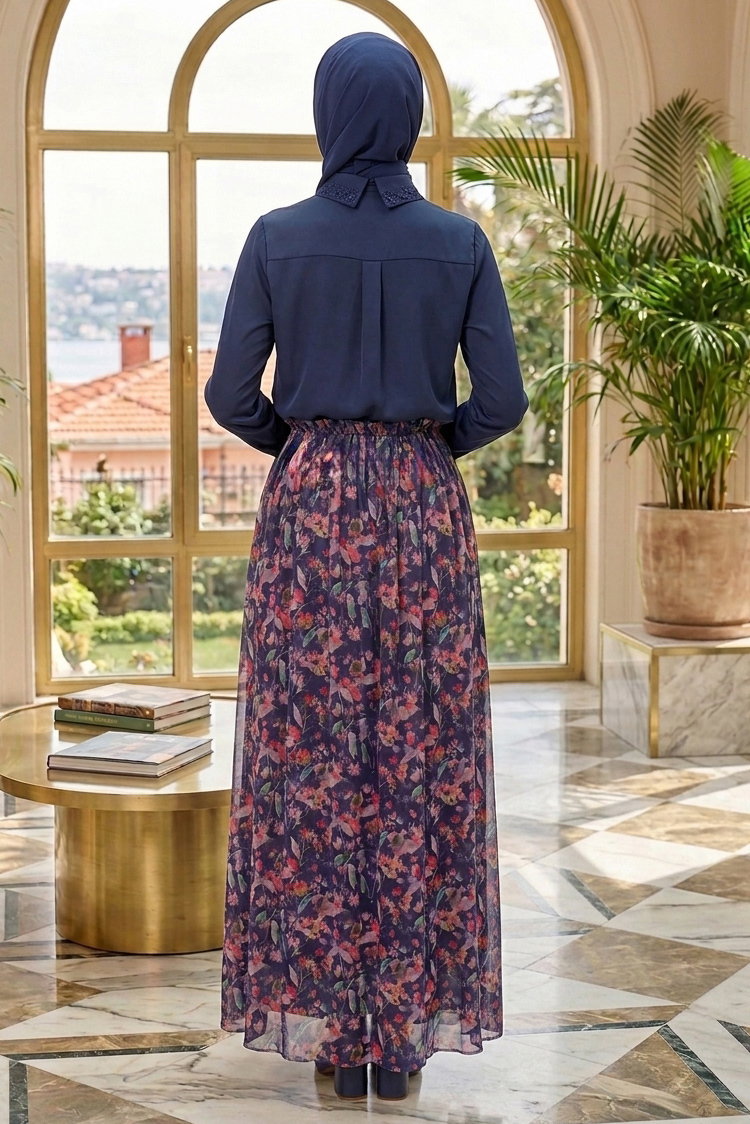 Çiçek Desenli Etek - 28403-LACIVERT - 2