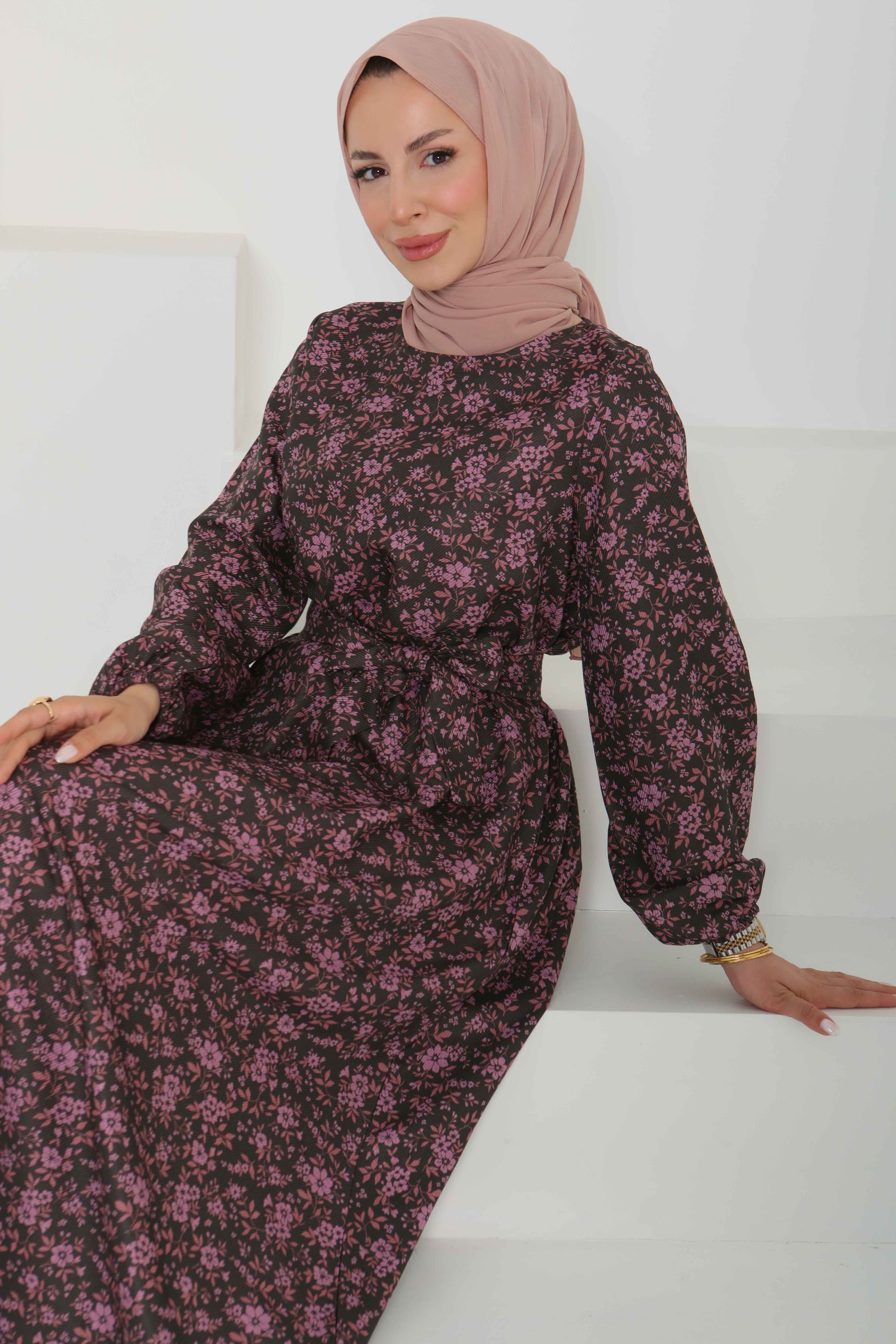 Çiçek Desenli Kuşaklı Elbise - 27102 - 1