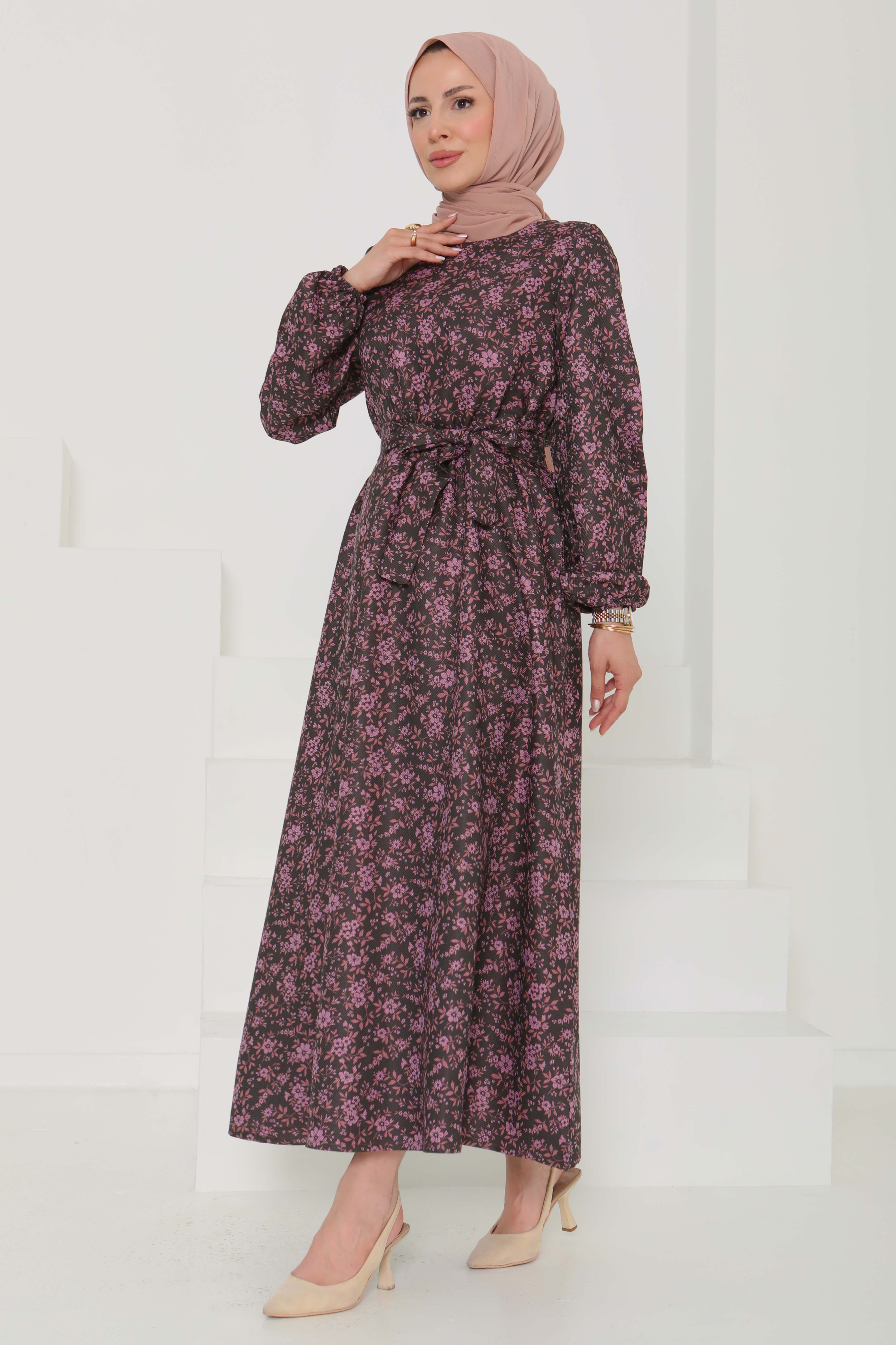 Çiçek Desenli Kuşaklı Elbise - 27102 - 3