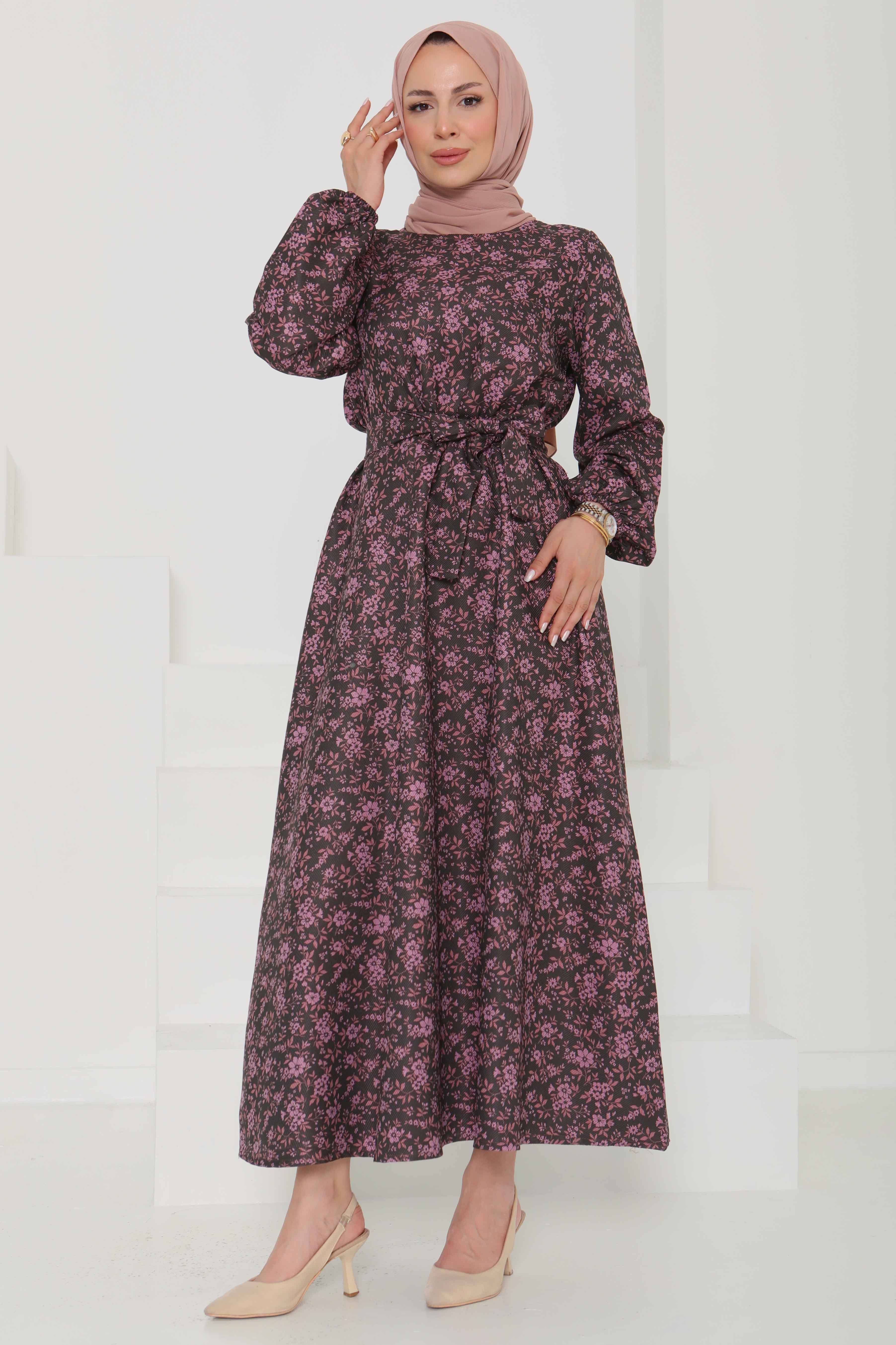 Çiçek Desenli Kuşaklı Elbise - 27102 - 5