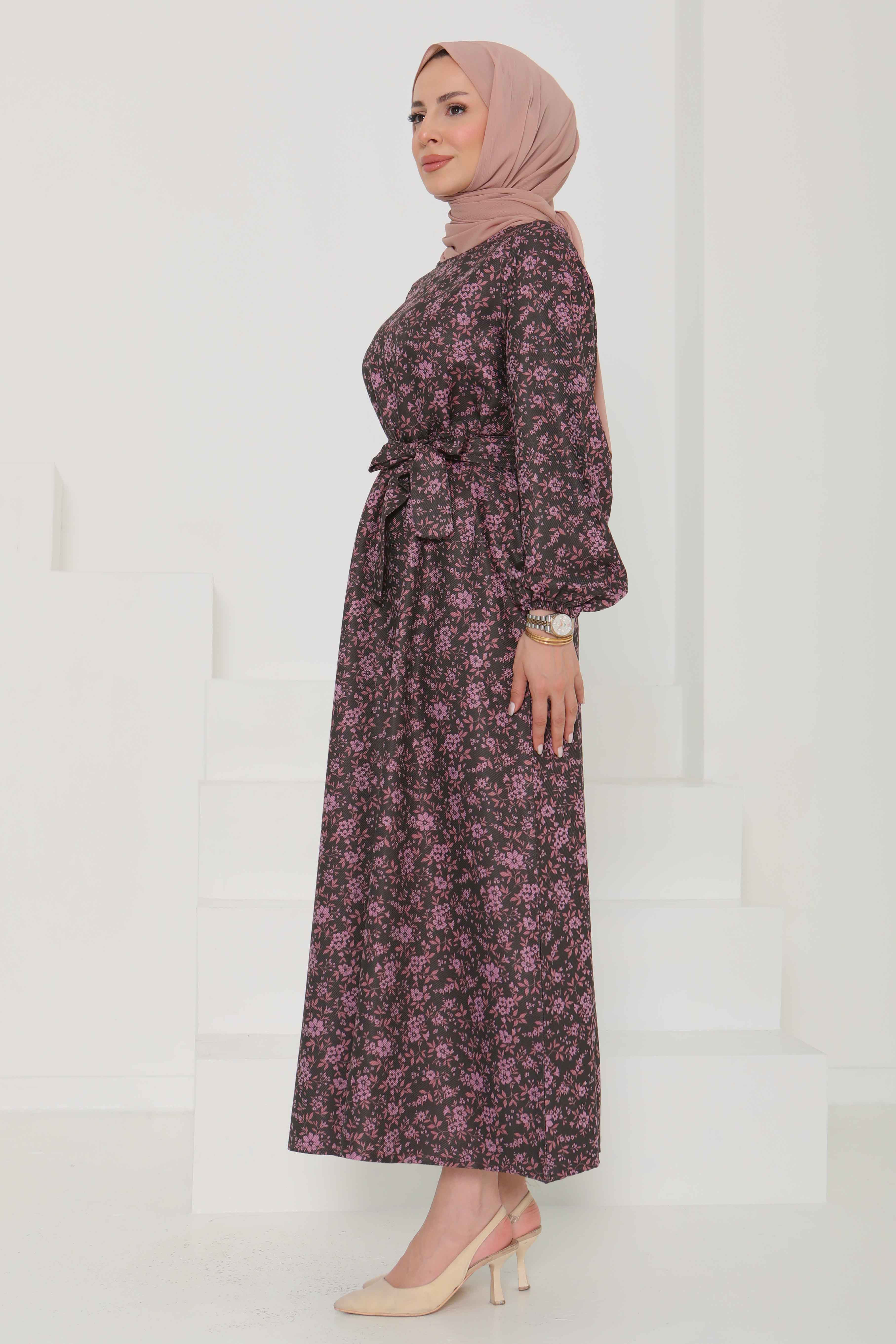 Çiçek Desenli Kuşaklı Elbise - 27102 - 6