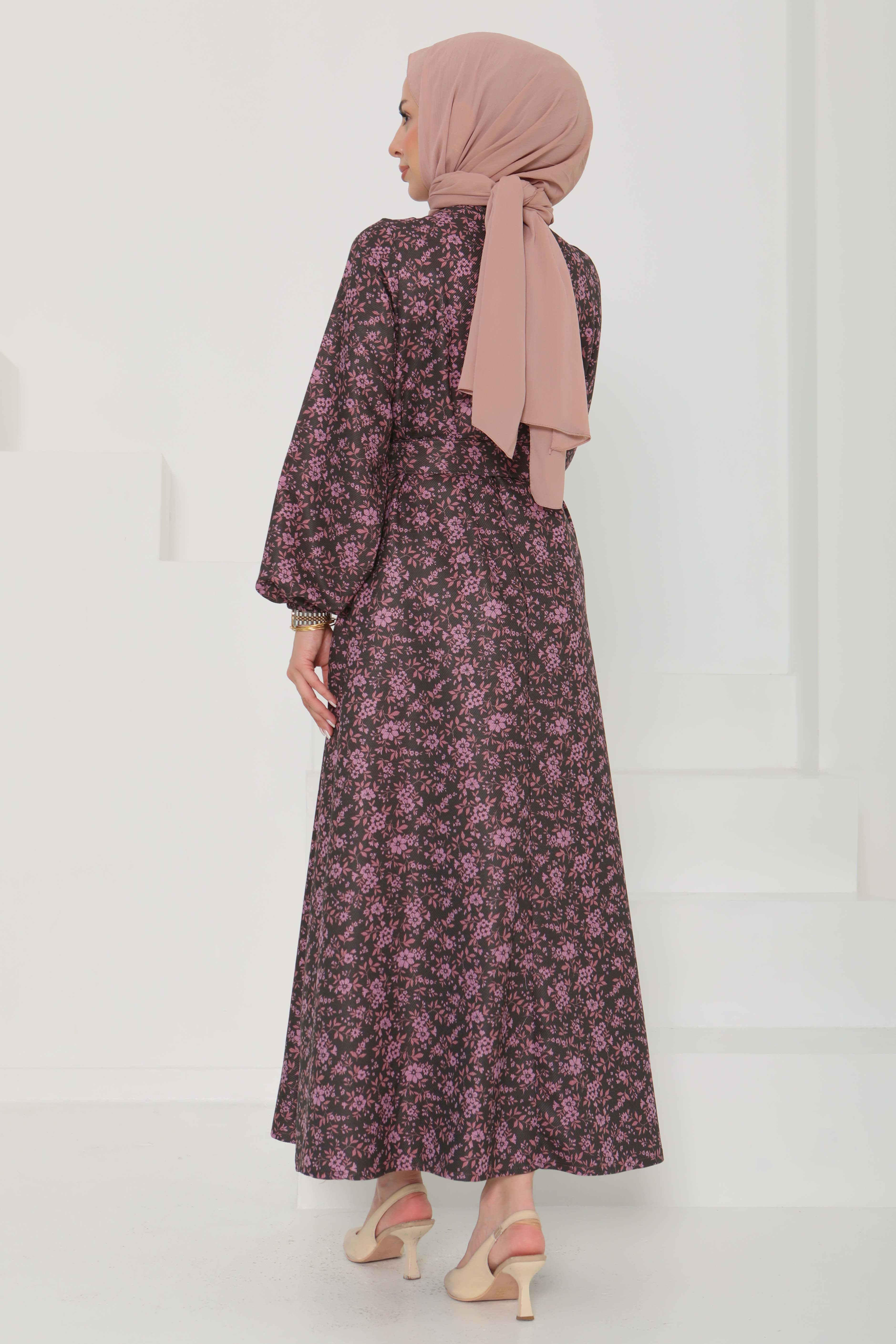 Çiçek Desenli Kuşaklı Elbise - 27102 - 8