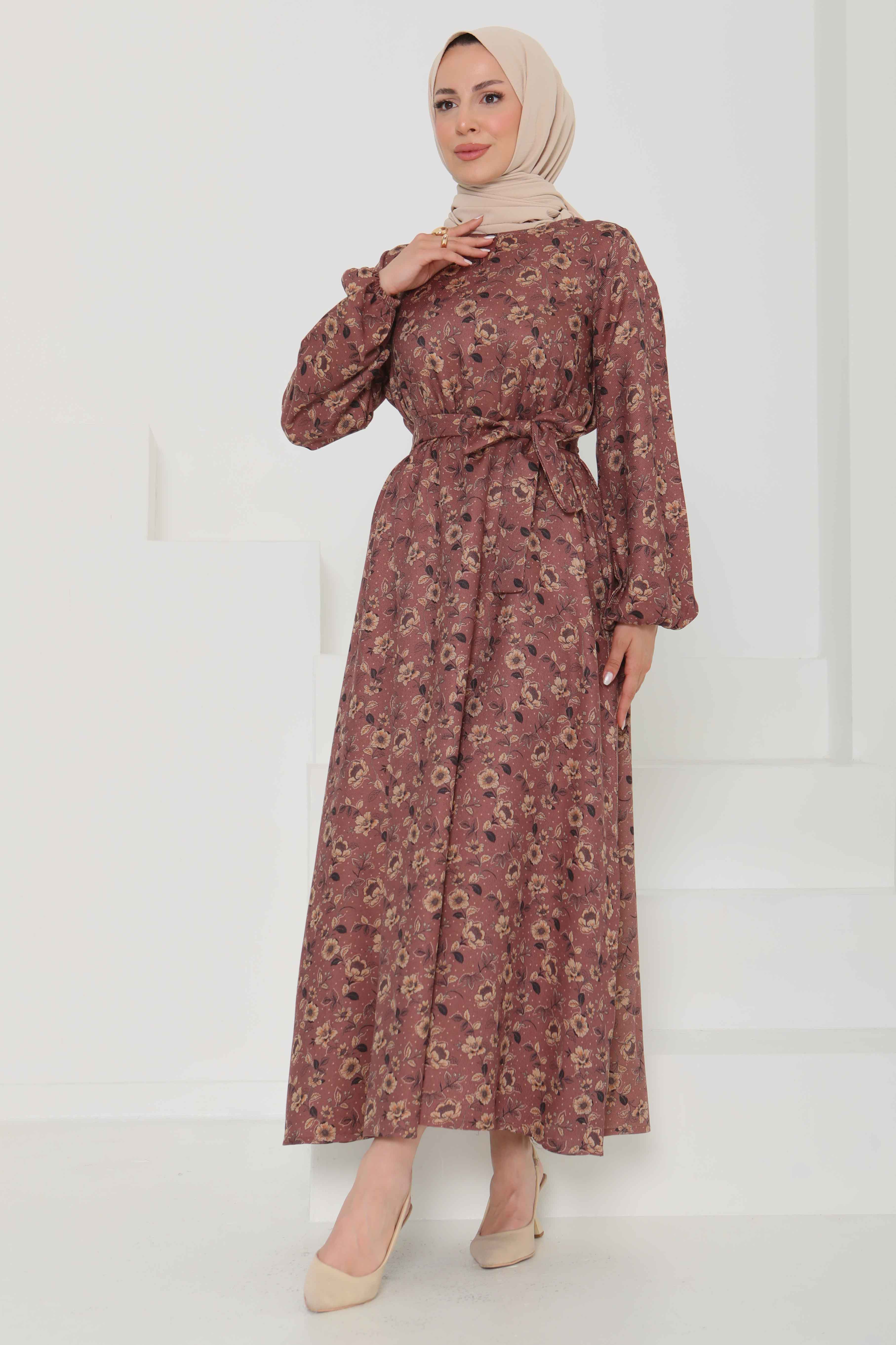 Çiçek Desenli Kuşaklı Elbise - 27103 - 1