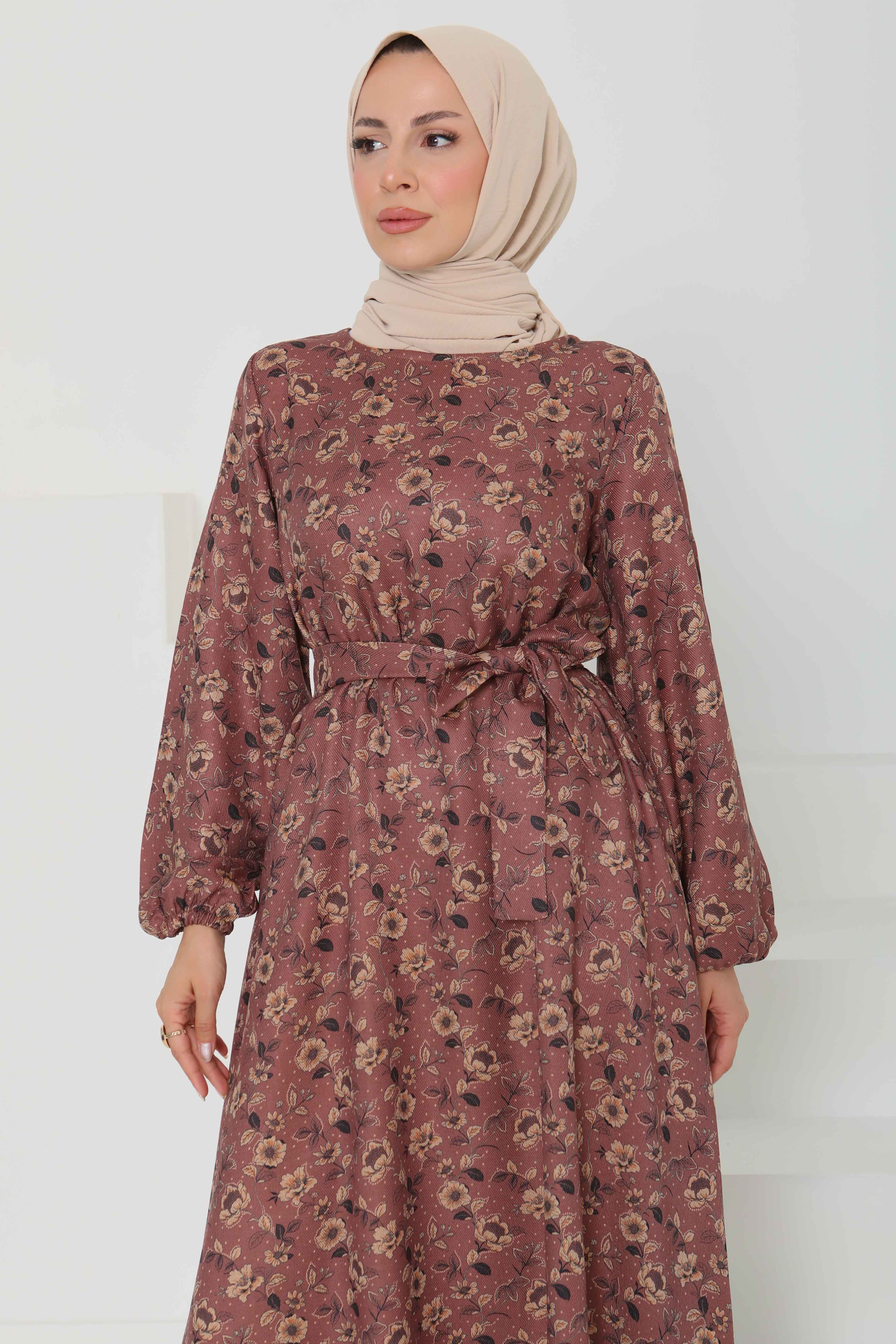 Çiçek Desenli Kuşaklı Elbise - 27103 - 2