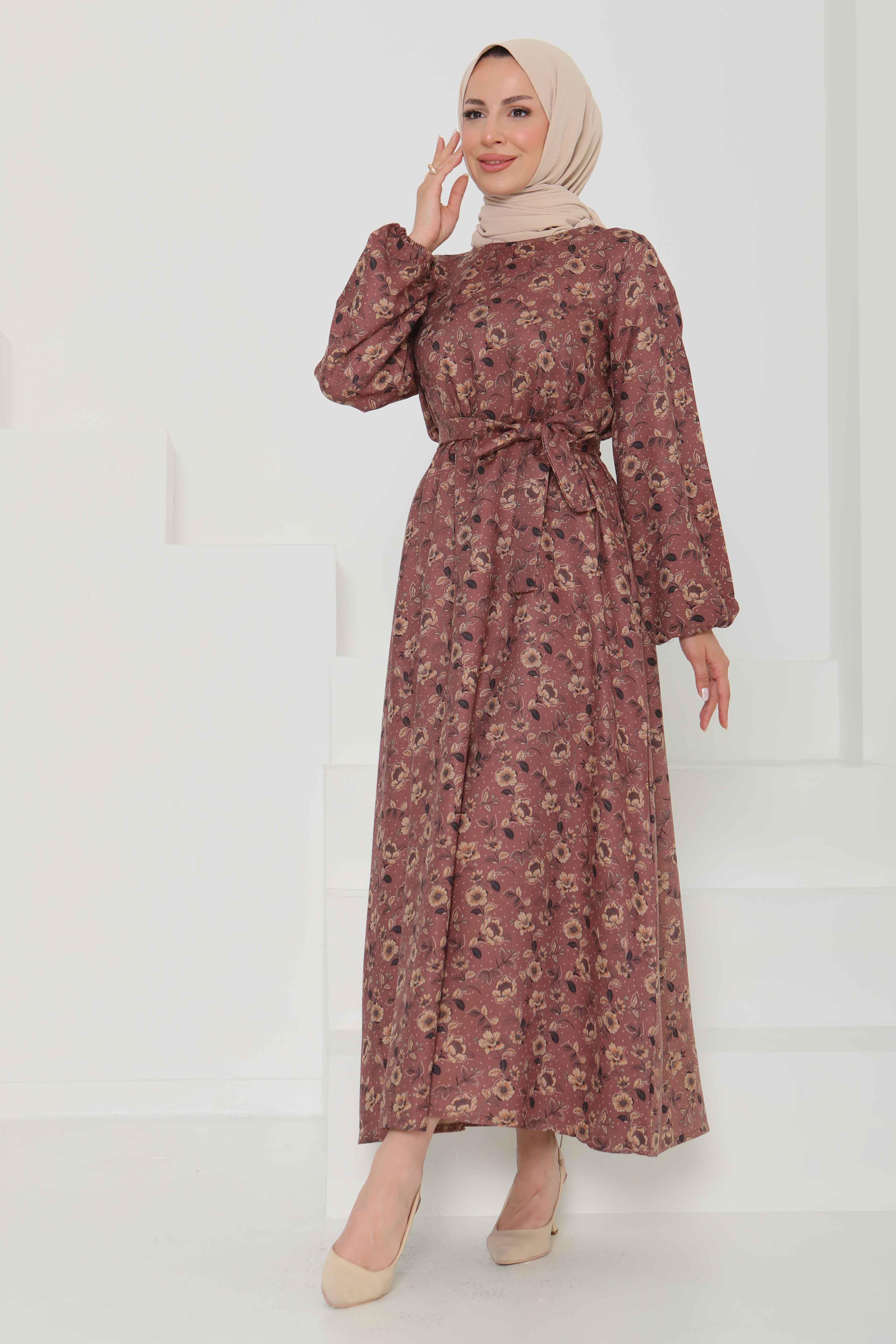 Çiçek Desenli Kuşaklı Elbise - 27103 - 3