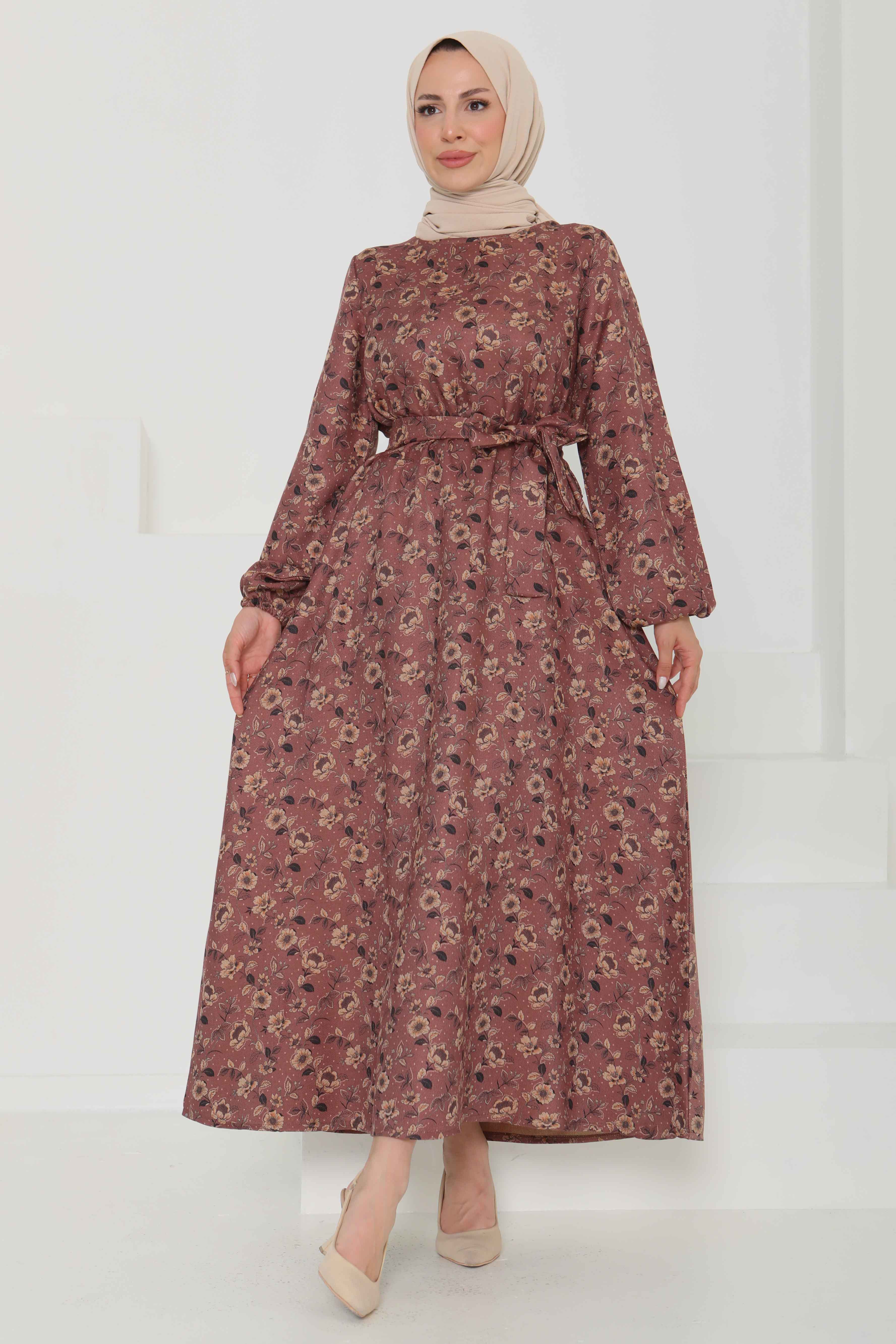 Çiçek Desenli Kuşaklı Elbise - 27103 - 4