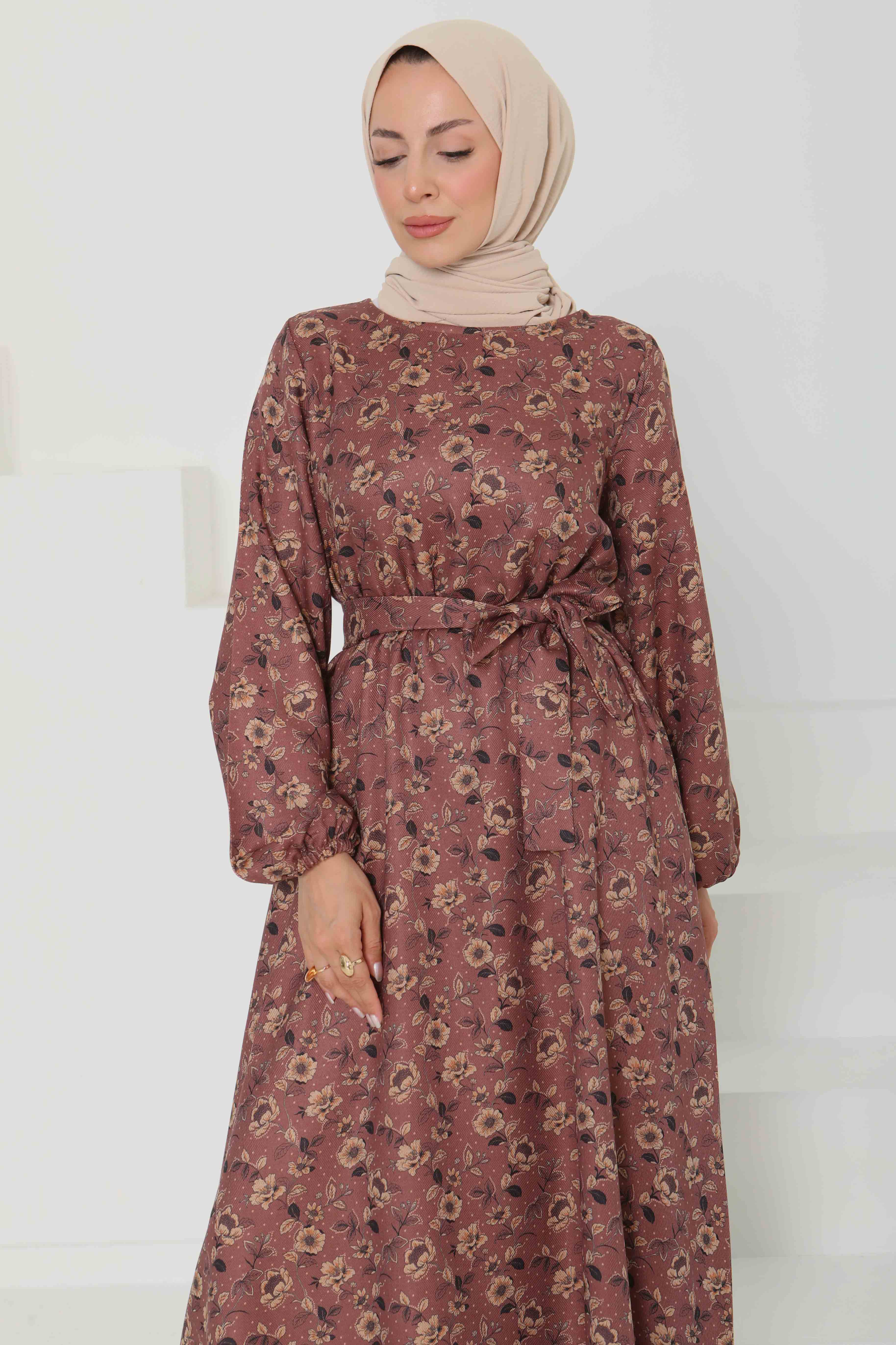 Çiçek Desenli Kuşaklı Elbise - 27103 - 5
