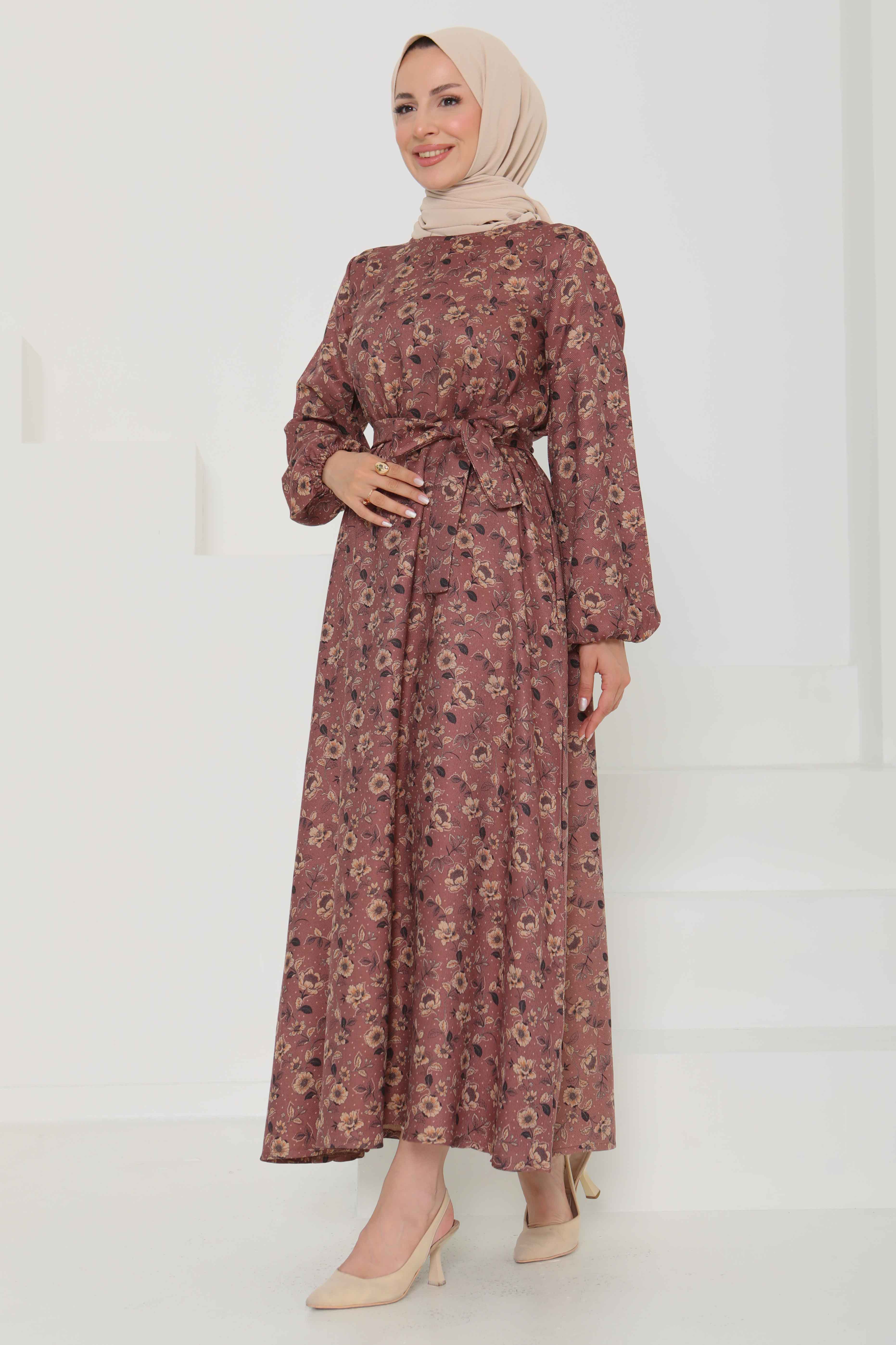 Çiçek Desenli Kuşaklı Elbise - 27103 - 6